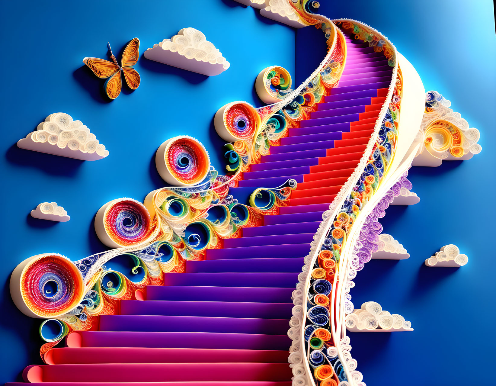 Colorful Fractal Staircase Against Blue Background with Clouds and Butterflies