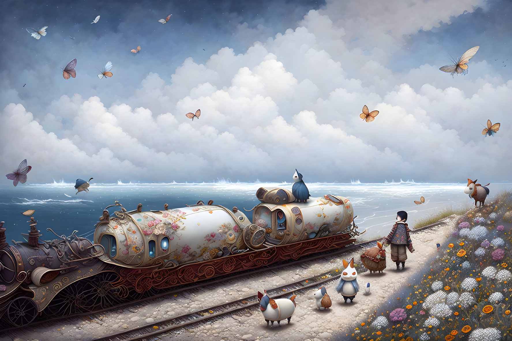 Girl and creatures on decorative train in whimsical scene with flowers and butterflies.