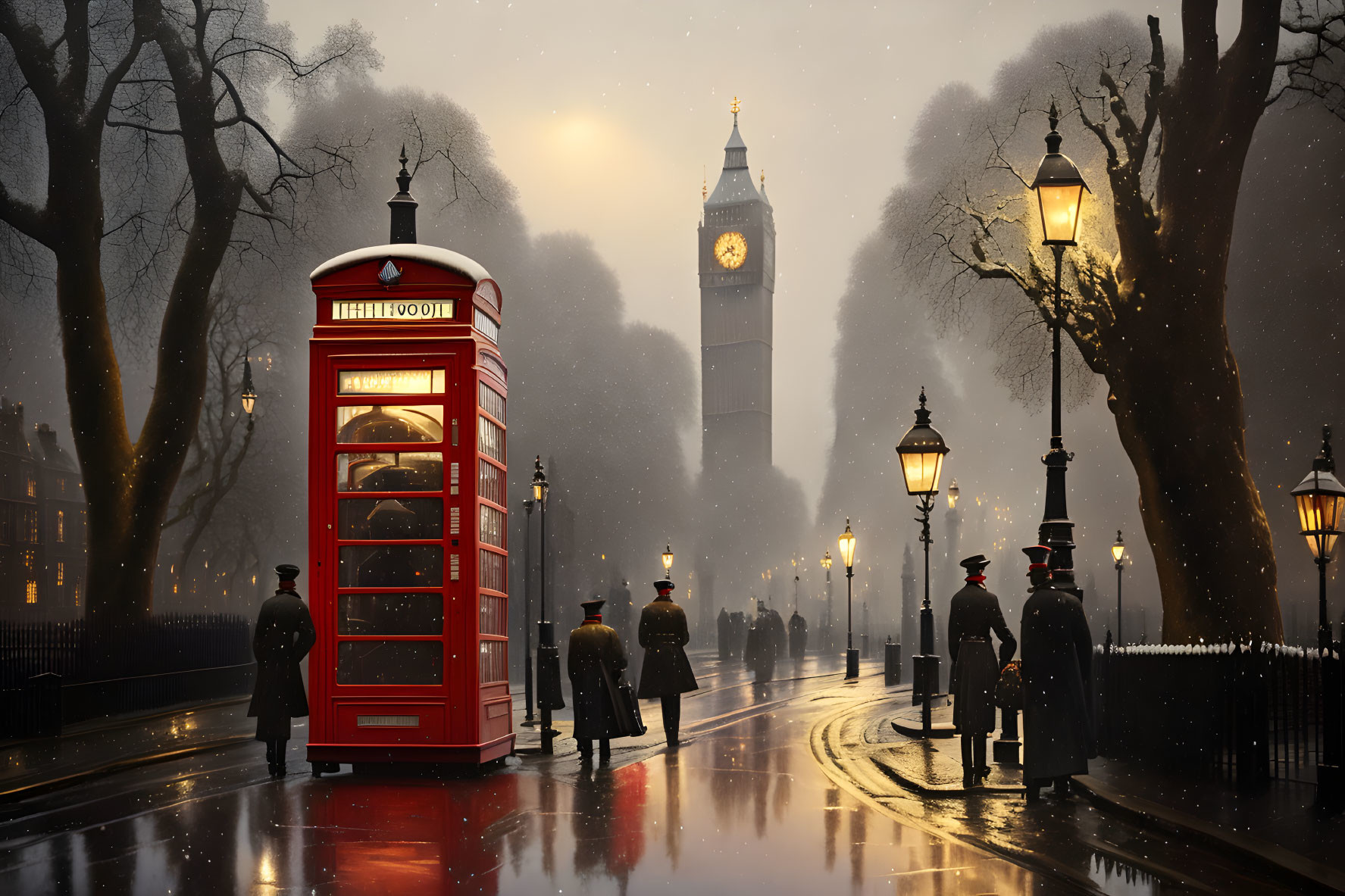 Foggy evening scene with red telephone box, people walking, vintage street lamps, and Big Ben