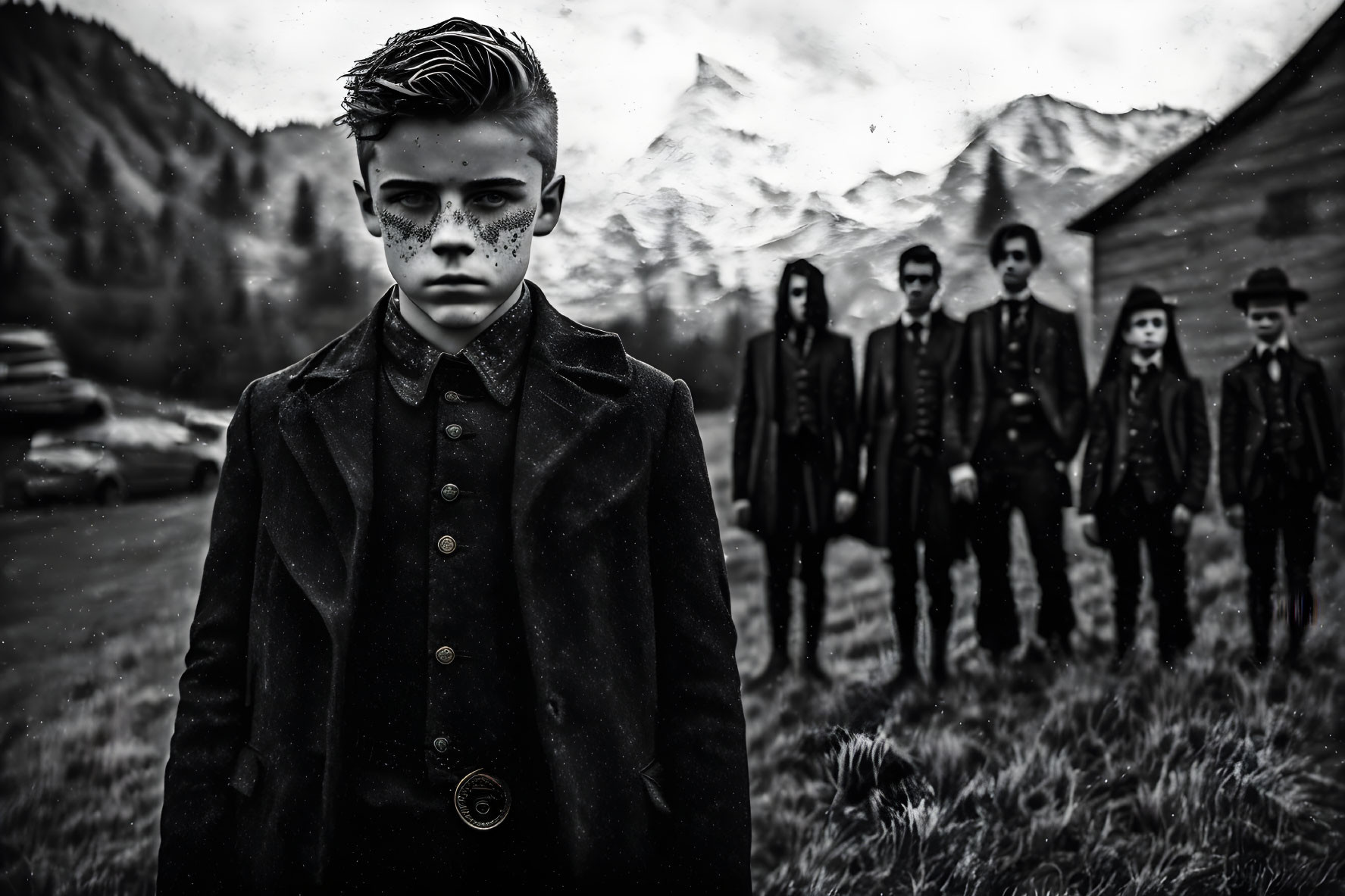 Serious group in dark attire with intense boy against misty mountain backdrop