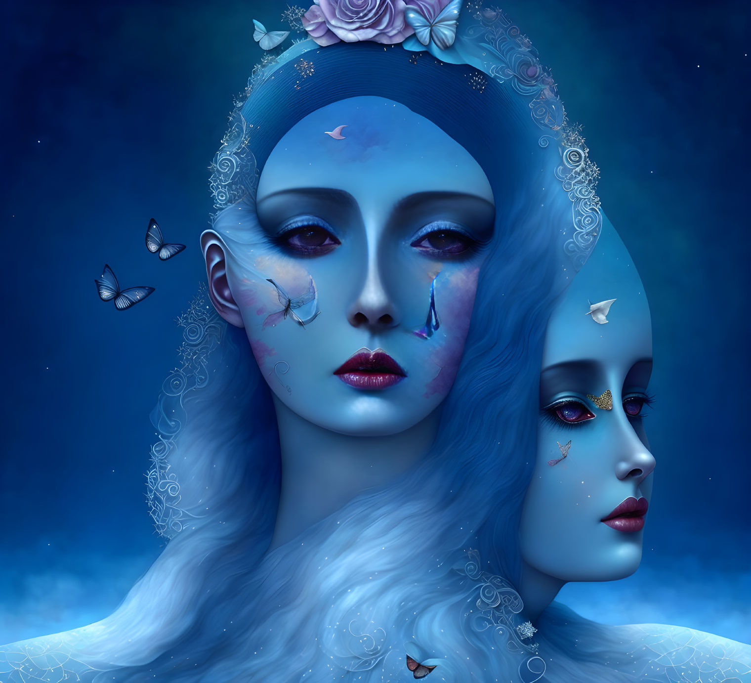 Surreal women's faces with blue skin and floral motifs on starry background