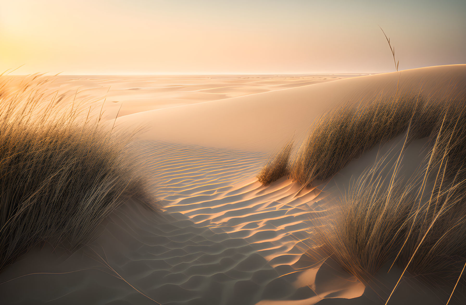 Serene desert landscape with golden sunlight and ripples in sand