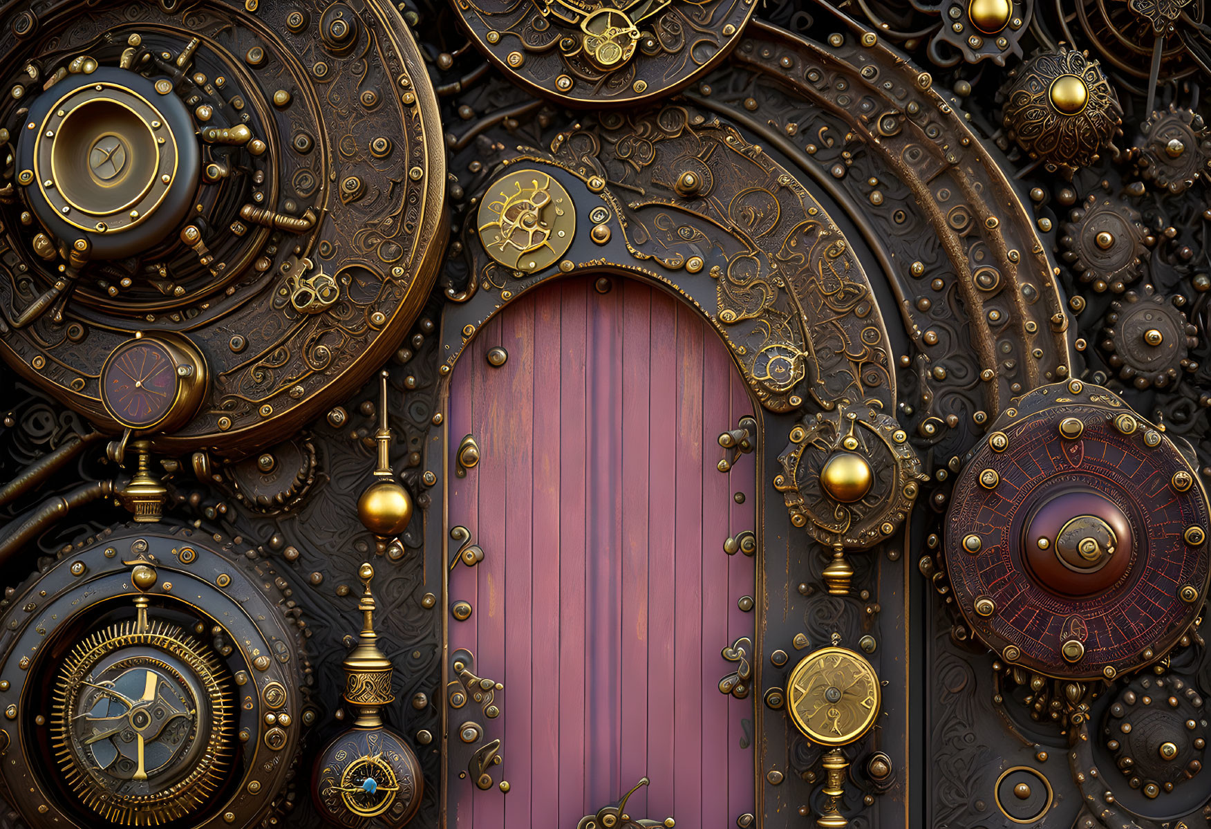 Fantasy steampunk door with brass gears in dark metal wall