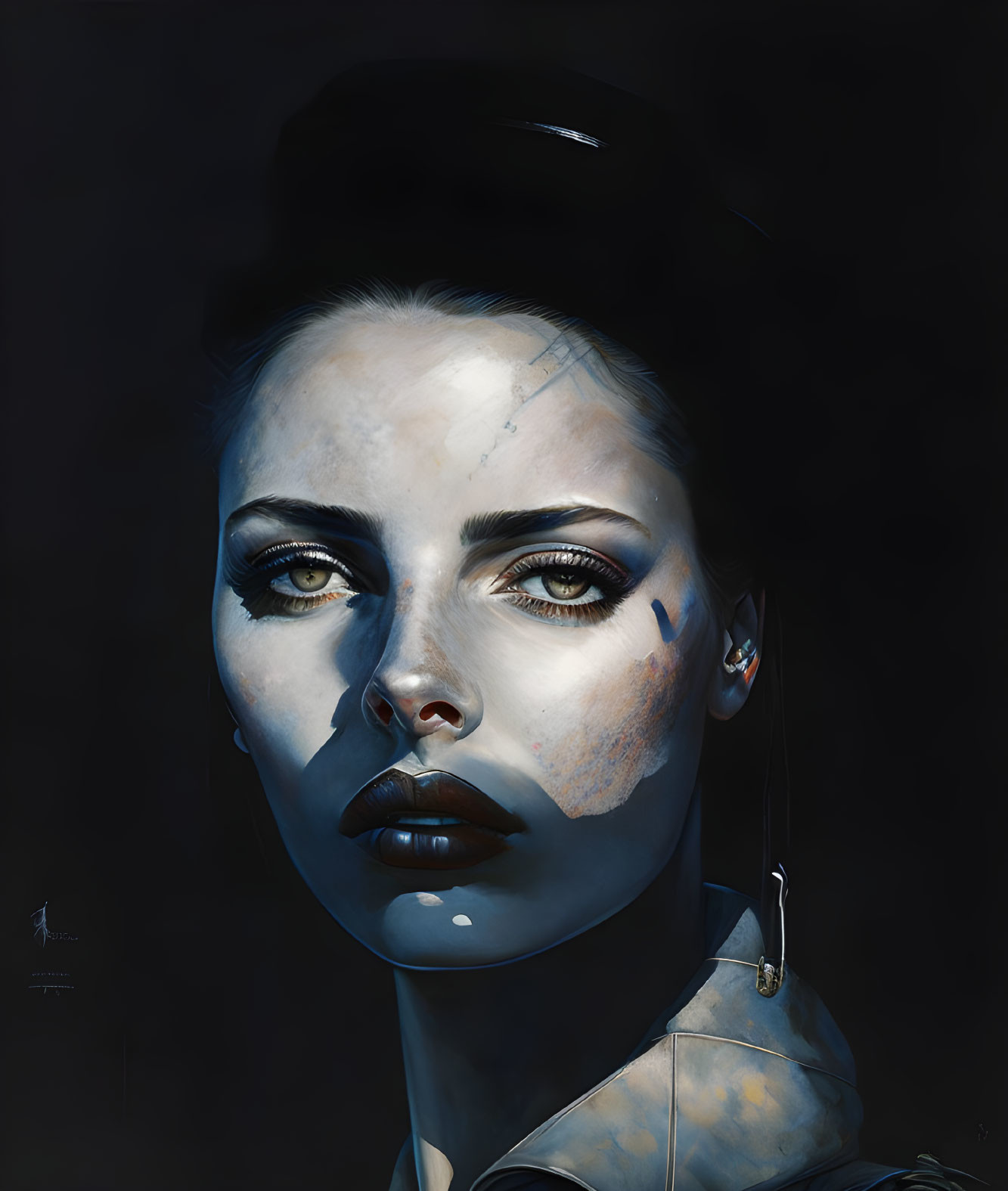 Digital portrait of a woman with blue eyes, pale skin, dark lips, cap, earring,