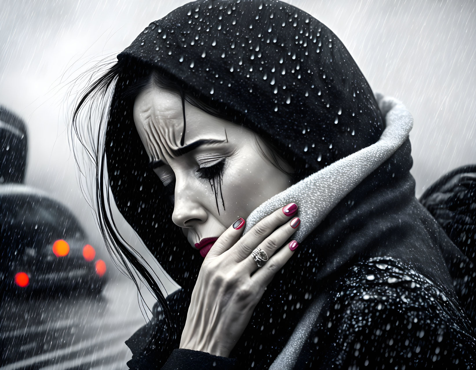 Woman in black hooded coat standing in the rain with black makeup, looking down.