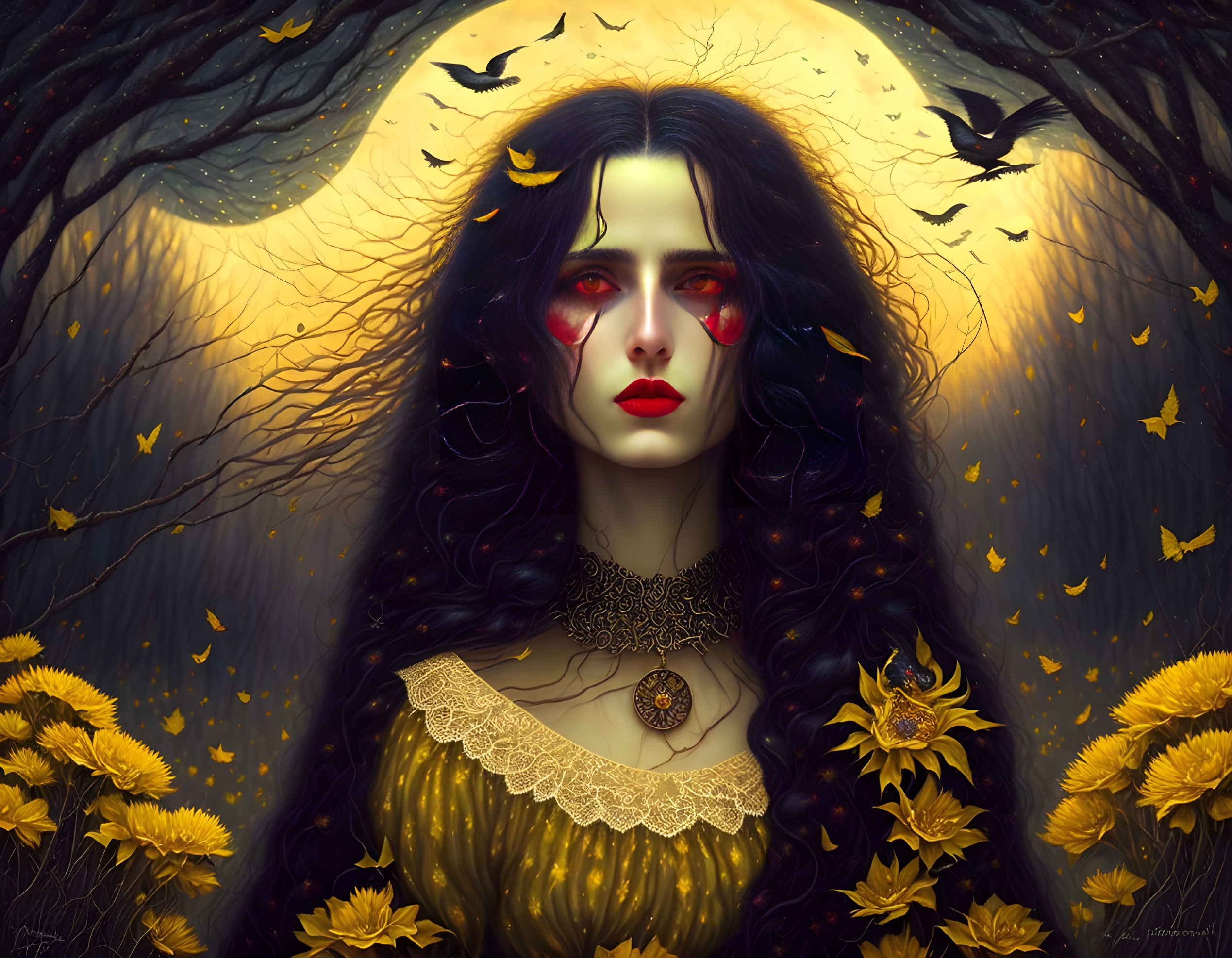 Gothic woman with black hair in dark forest under full moon