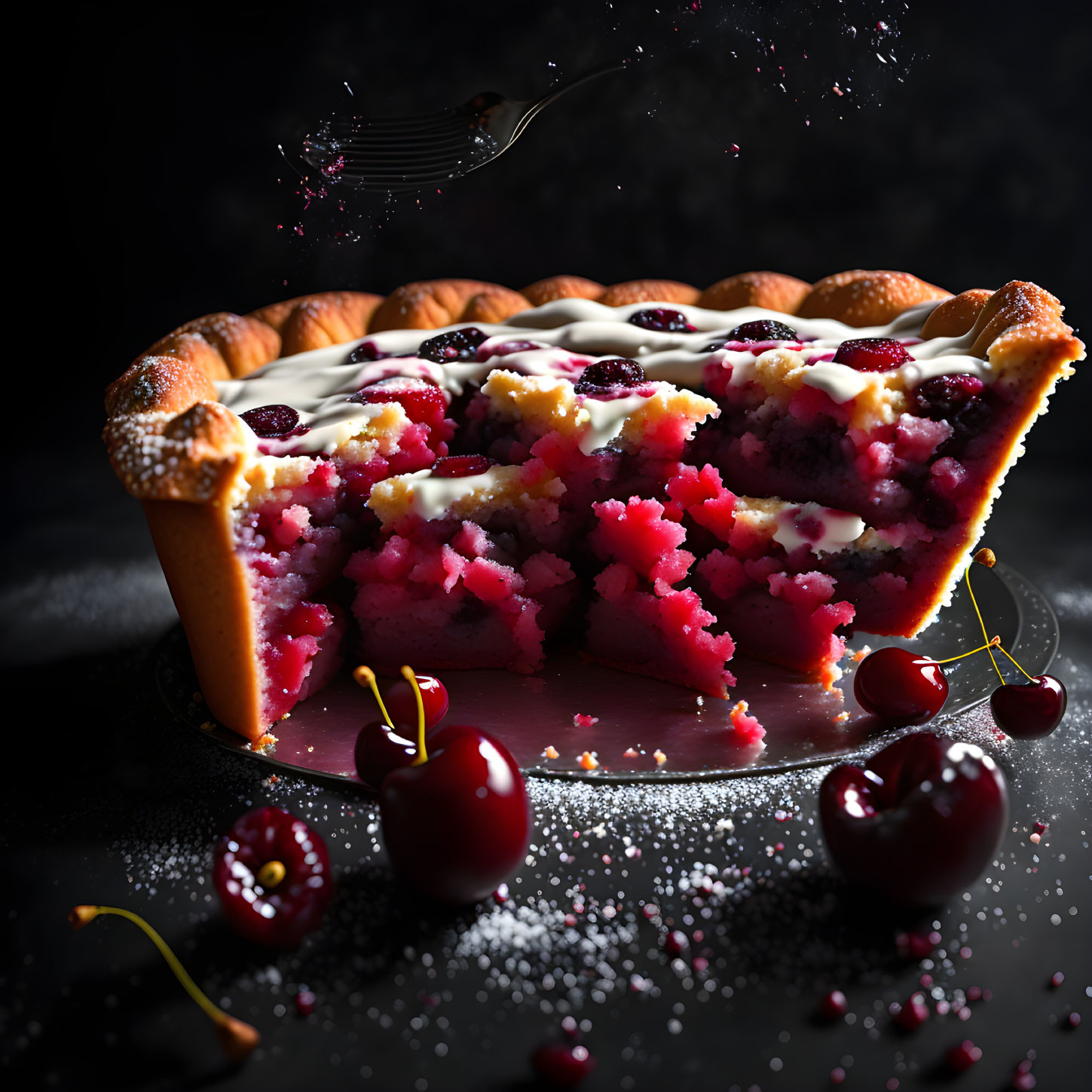 Colorful Cherry Pie with Flaky Crust on Dark Background