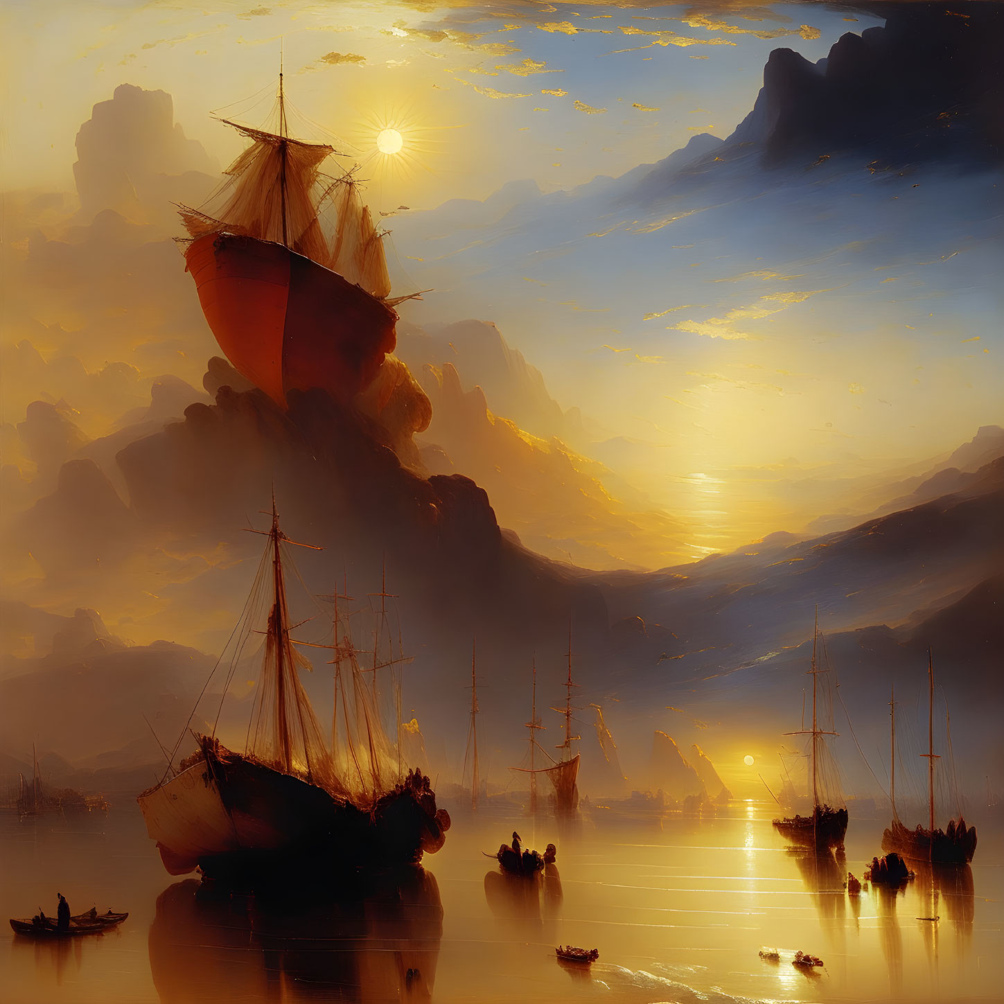 Maritime sunset scene with tall ships, small boats, and misty mountains