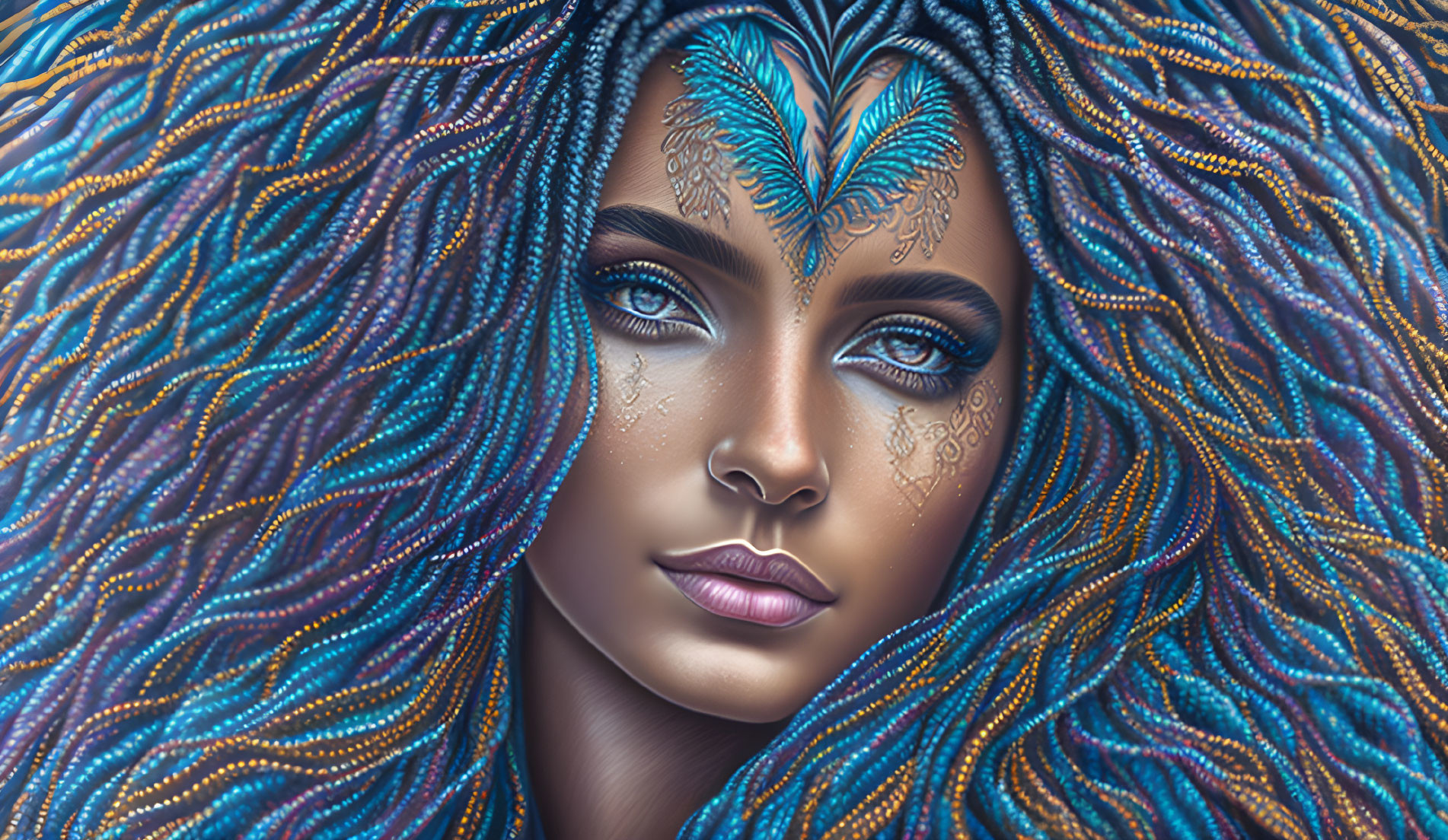 Digital artwork featuring woman with vibrant, multicolored hair and intricate skin patterns.