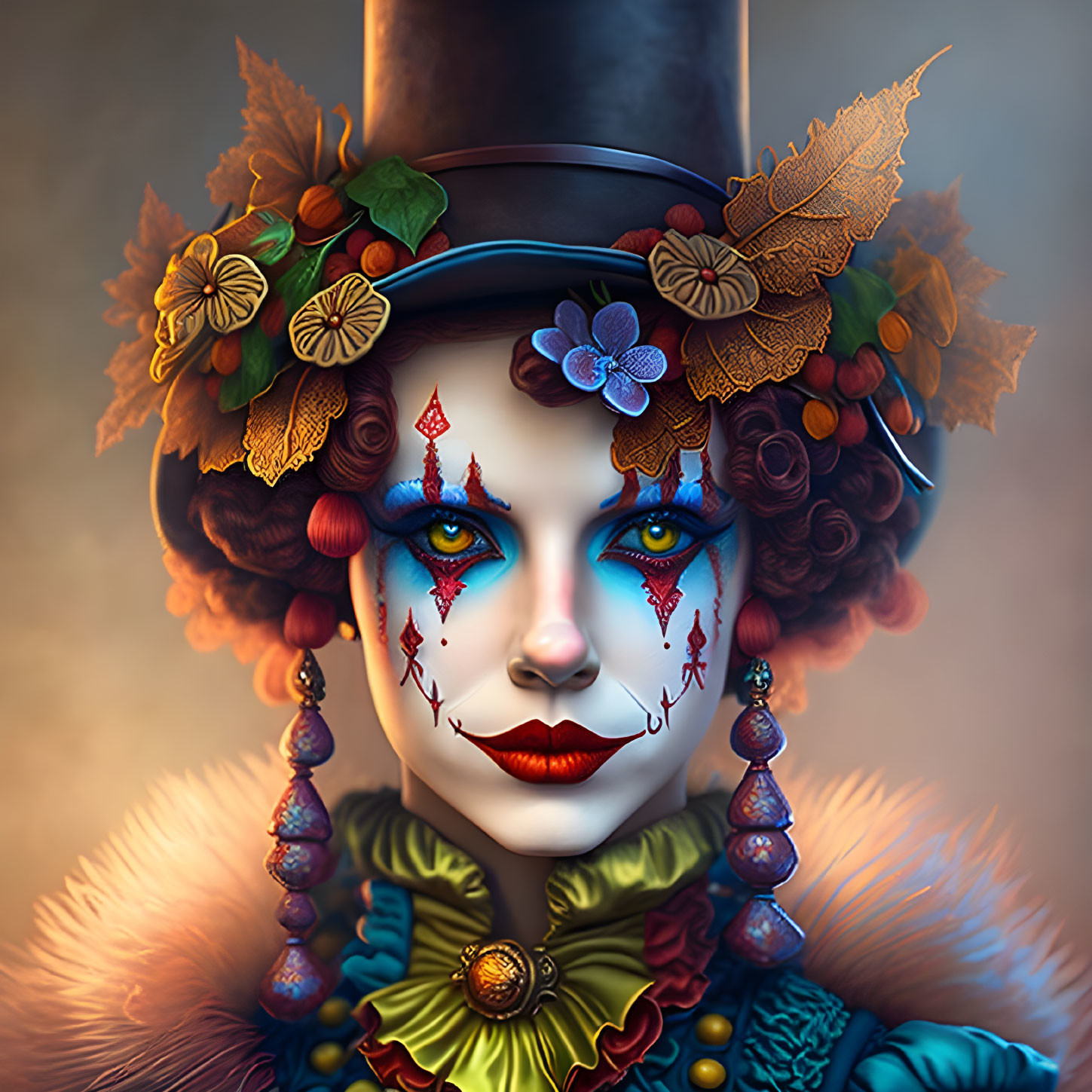 Colorful Clown Makeup Portrait with Top Hat and Floral Decorations