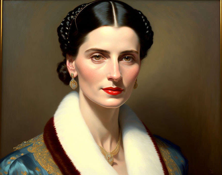 Portrait of a Woman with Dark Hair, Pearl Earrings, Blue and Gold Garment, and White