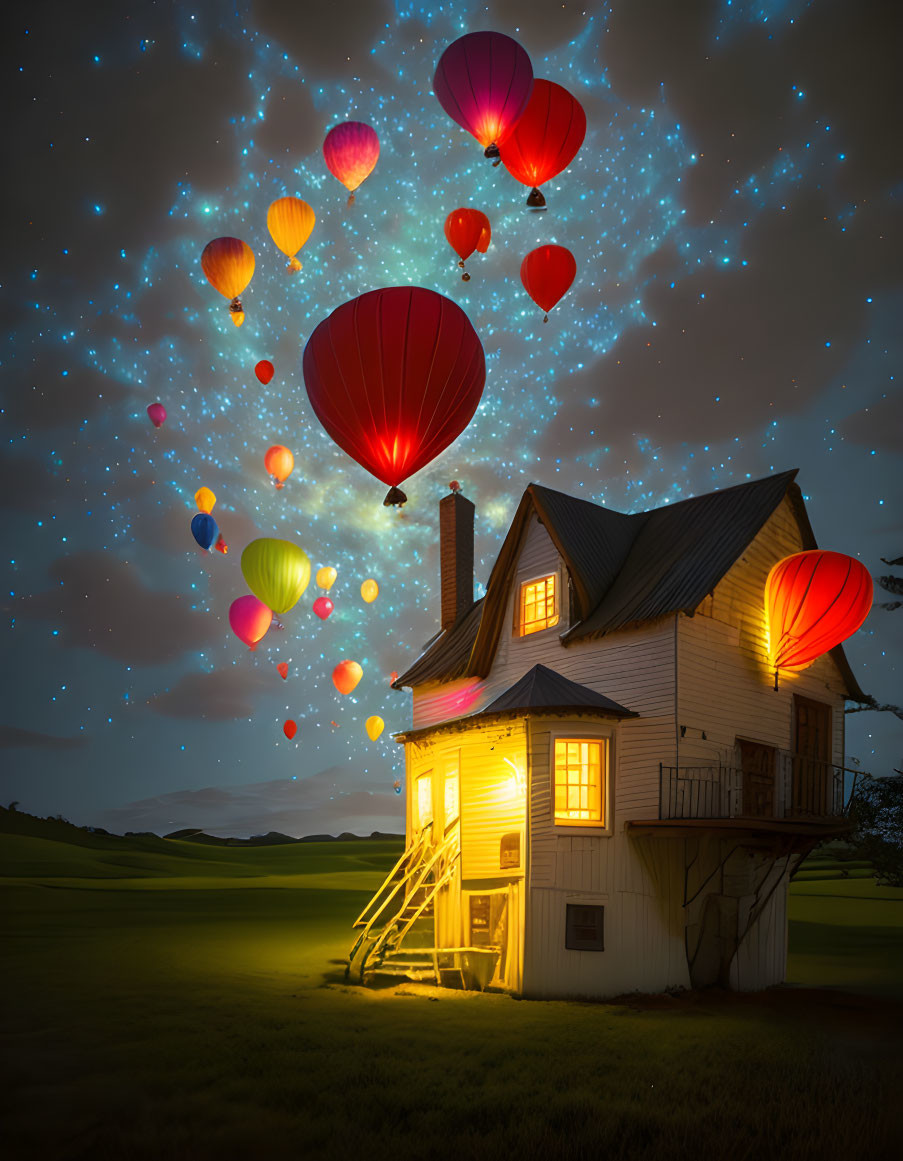 Quaint house at night with colorful hot air balloons under starry sky