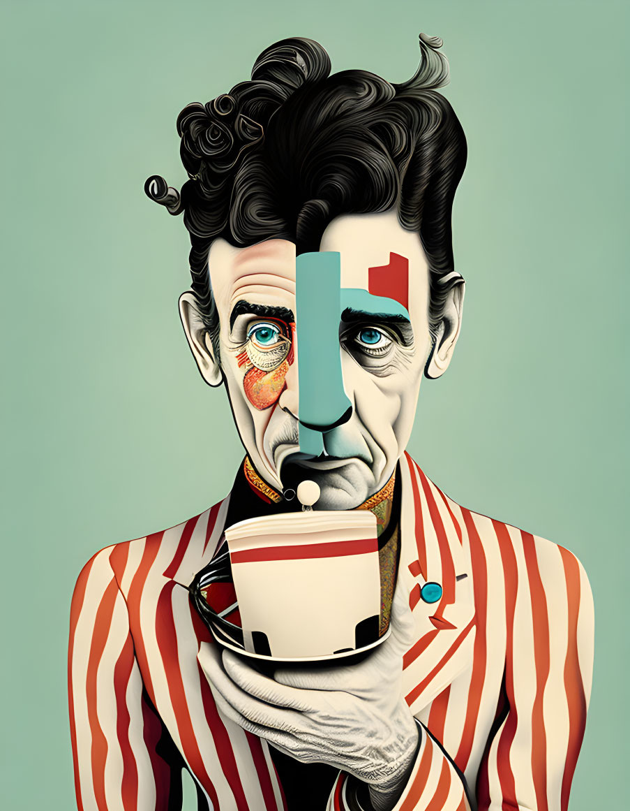 Whimsical male figure with surreal features and mismatched eyes in striped outfit holding a coffee cup on