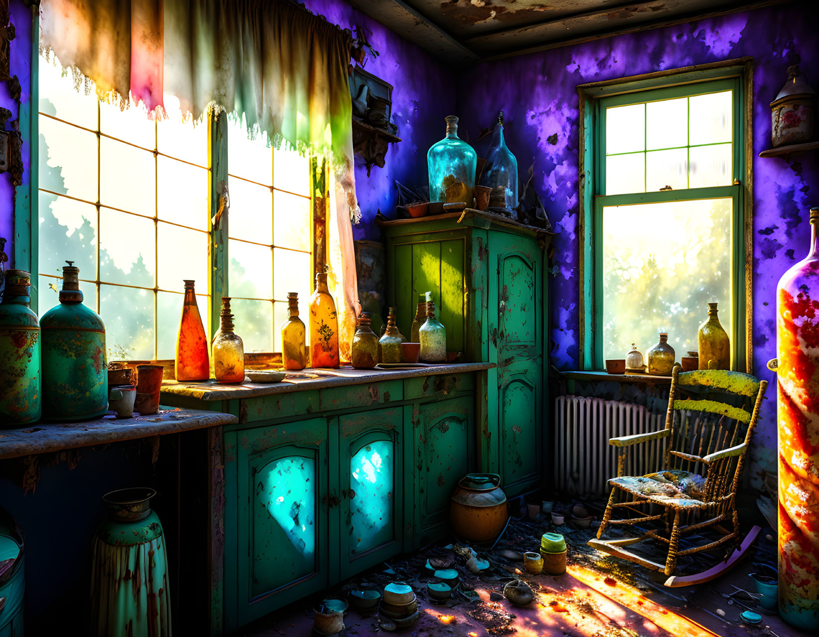 Vintage room with dusty glass bottles, rocking chair, and lace curtains.