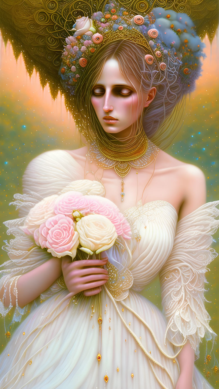 Ethereal woman with serene expression and pink rose bouquet in ornate attire