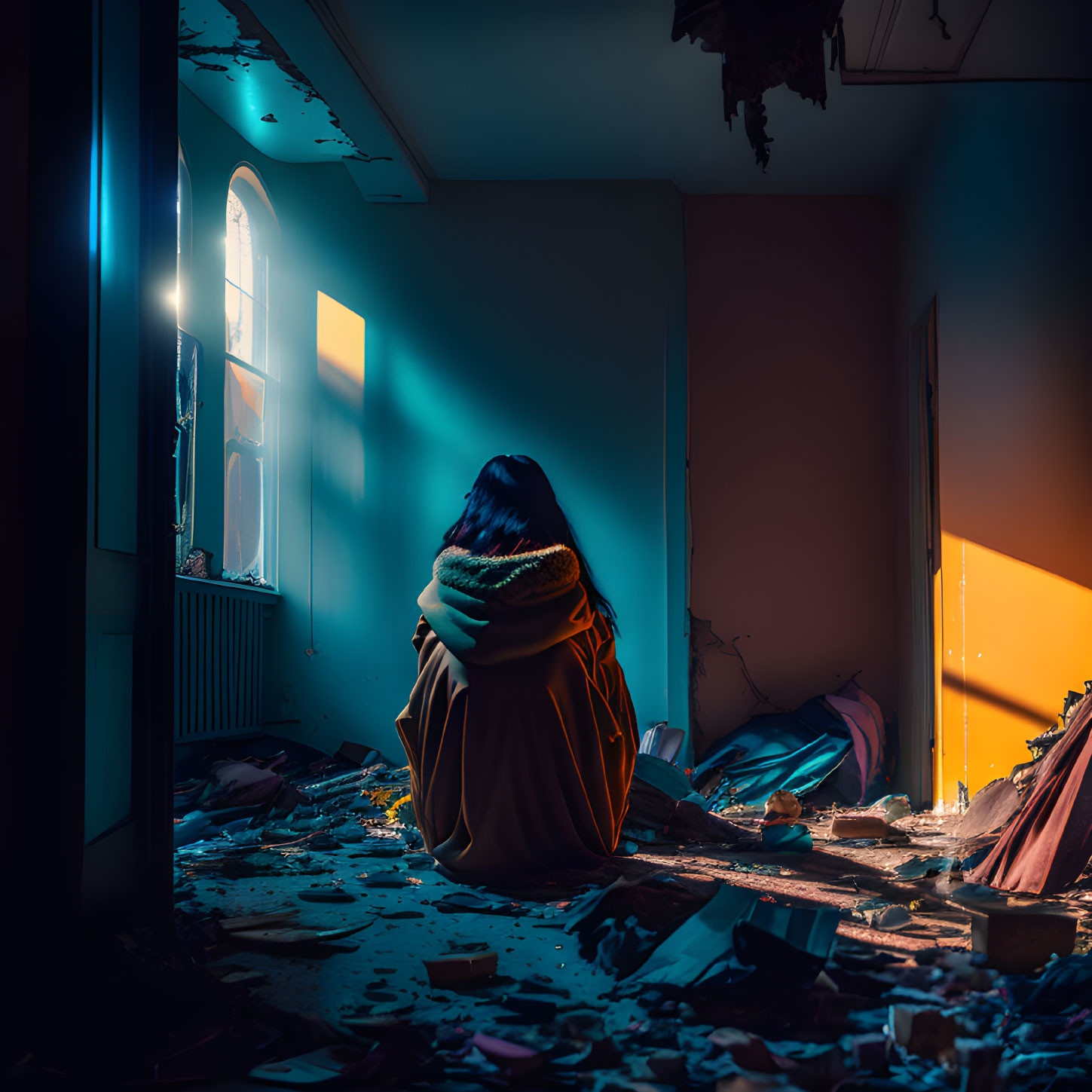 Person sitting on floor in dilapidated room with blanket and sunlight.