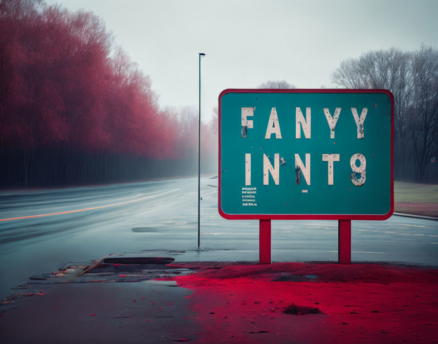 Weathered road sign with missing letters beside blurred vehicle lights and red foliage trees in foggy atmosphere.