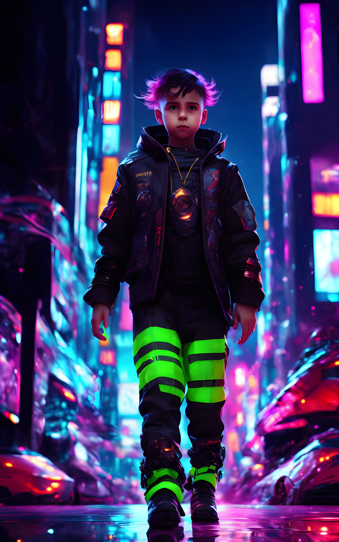 Child with Purple-Tinted Hair in Futuristic Clothes in Neon-Lit Urban Nightscape