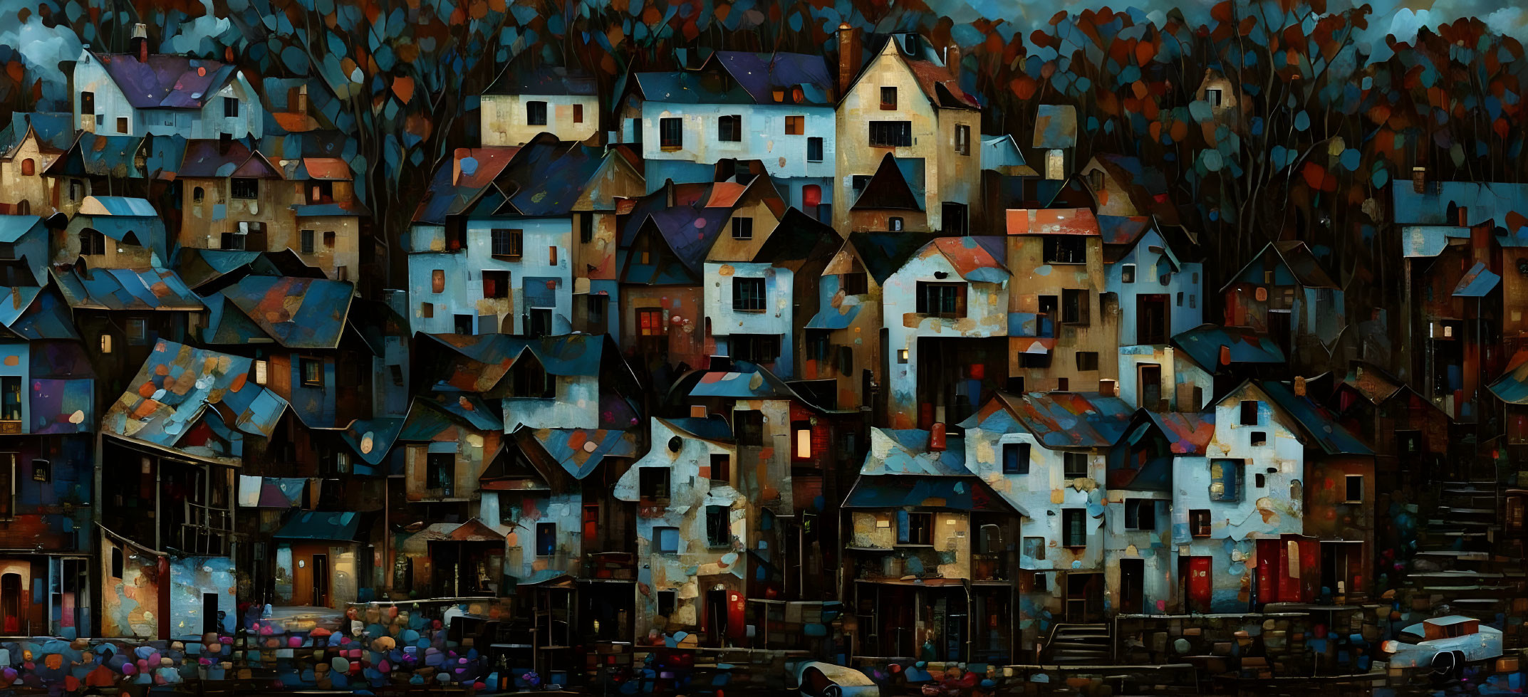 Multicolored houses in a dense autumn village at twilight