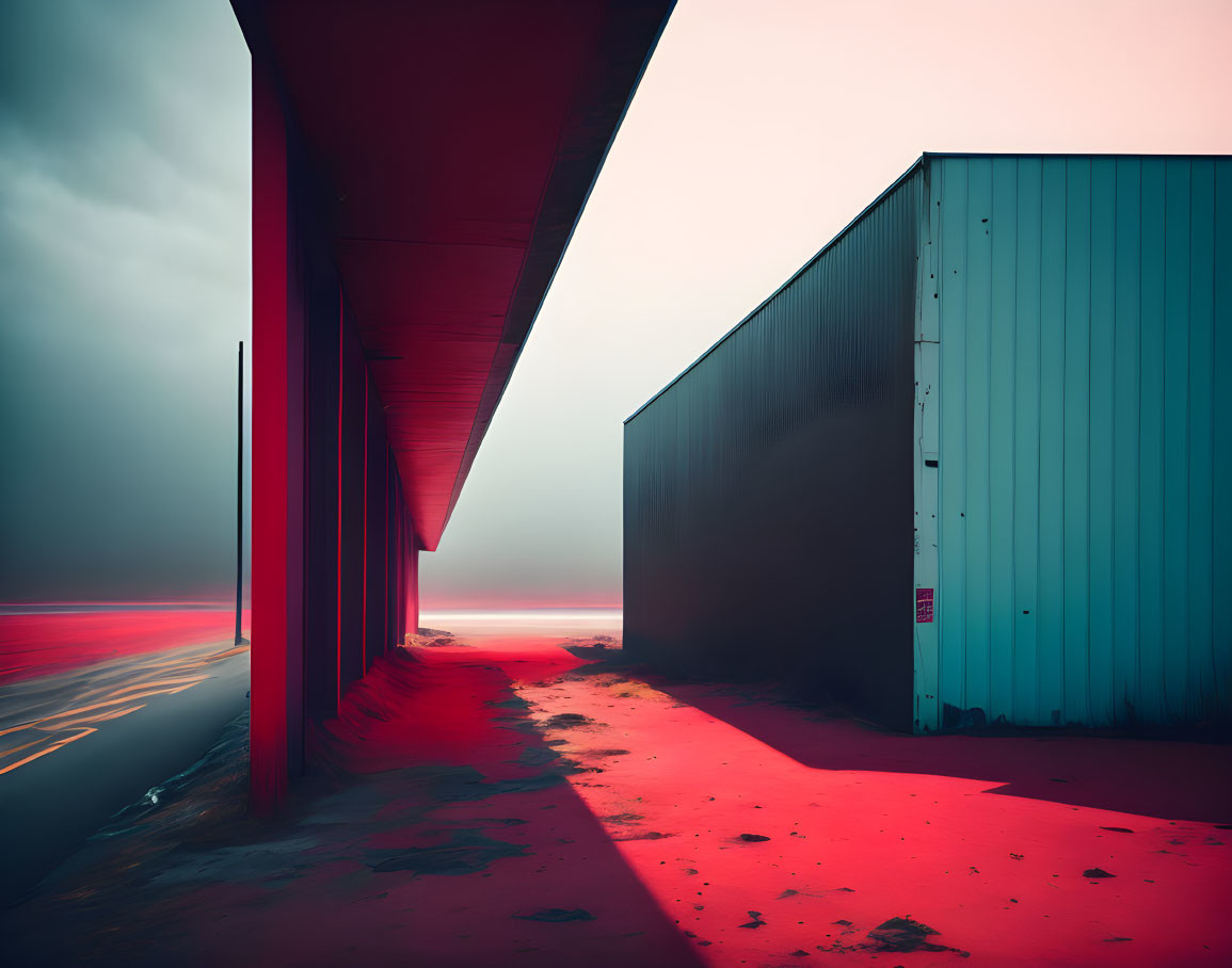 Moody industrial scene with red neon glow and blue storage container