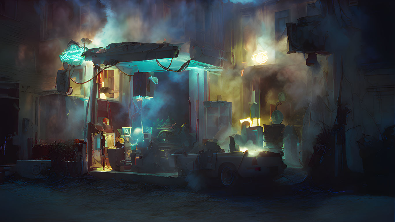 Futuristic neon-lit alley with technology, vending machine, and car in misty ambiance