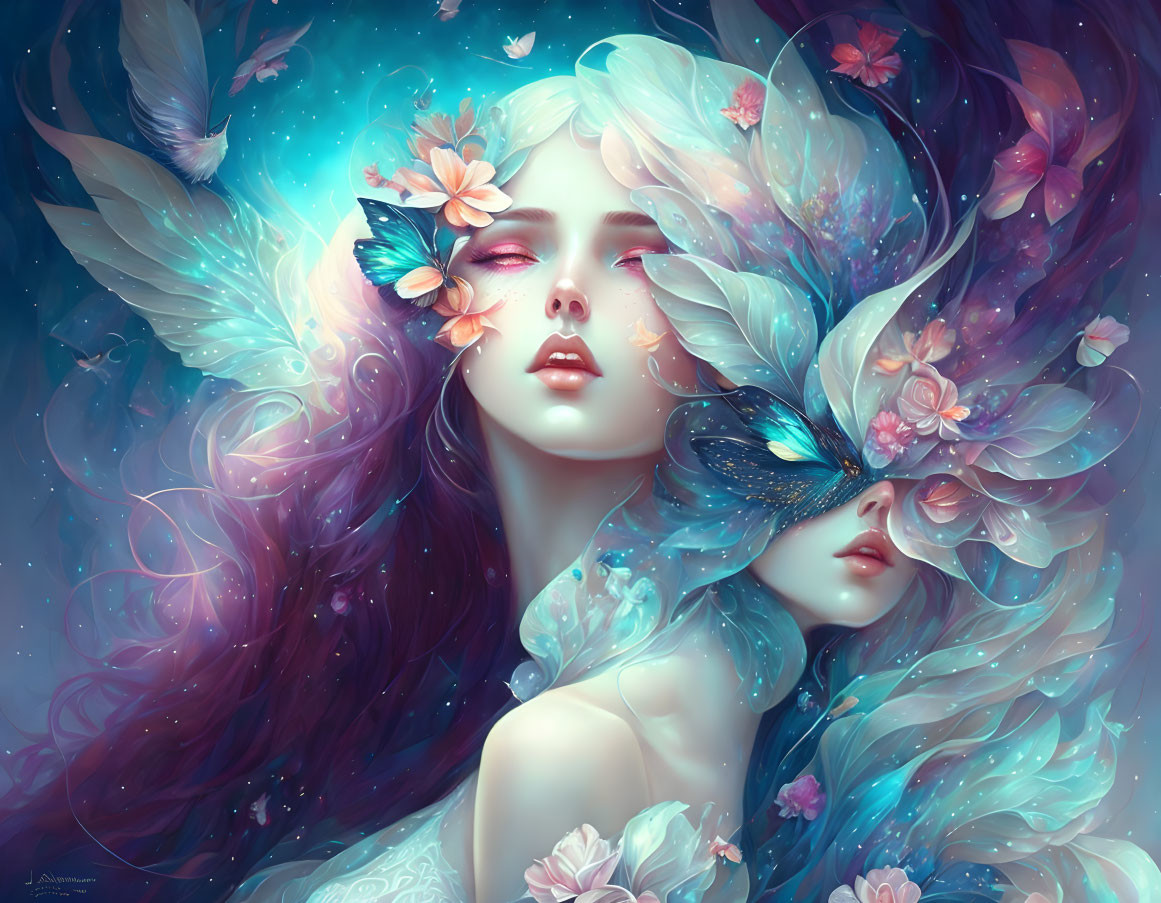 Ethereal artwork of woman with long hair, surrounded by flowers and butterflies