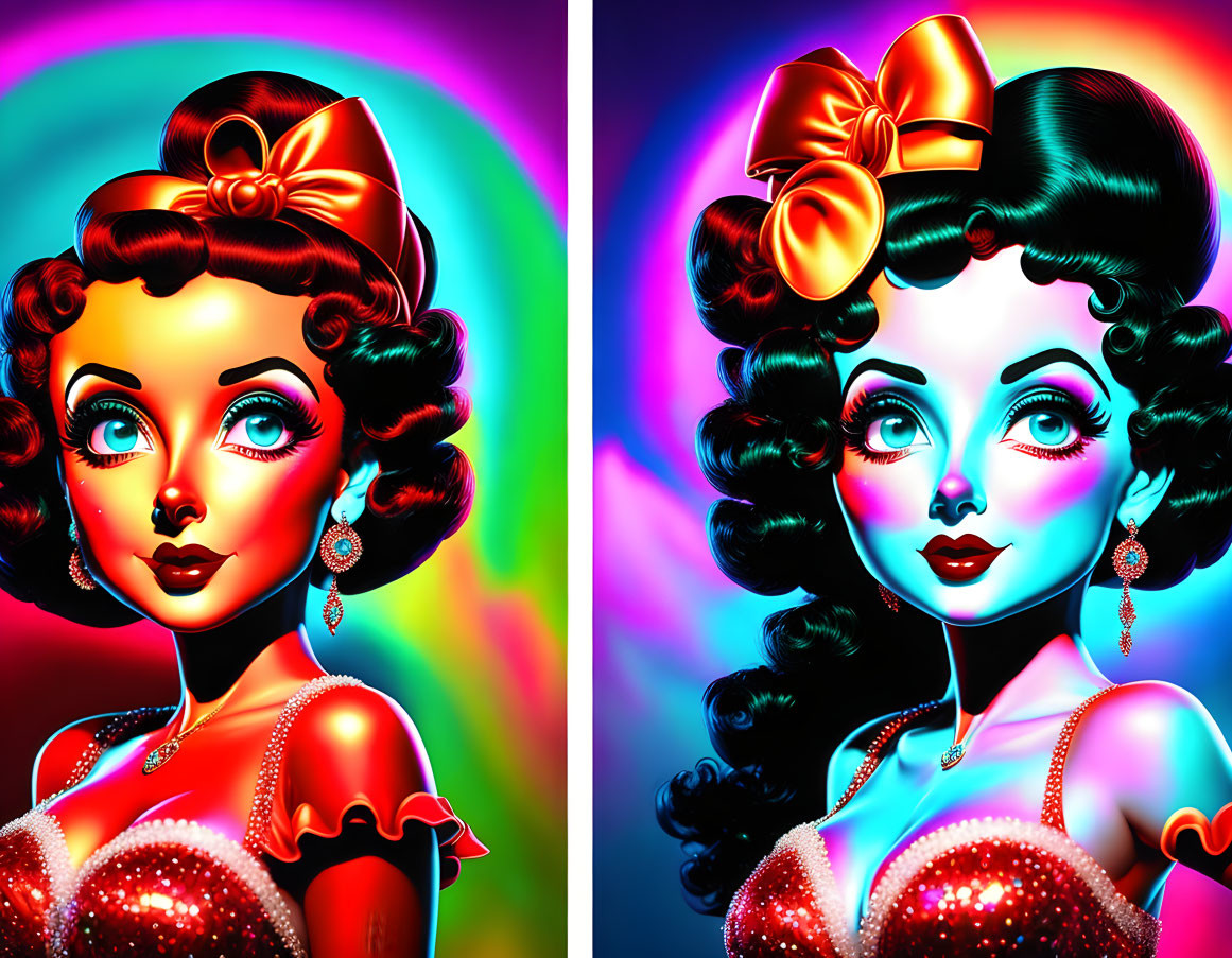 Dual digital portrait of woman in glamorous makeup and red bow against neon backgrounds