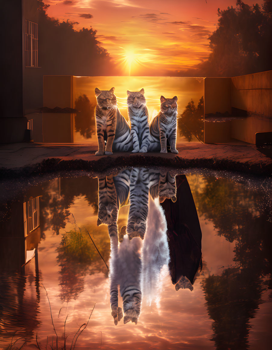 Three cats by puddle with orange sunrise reflection