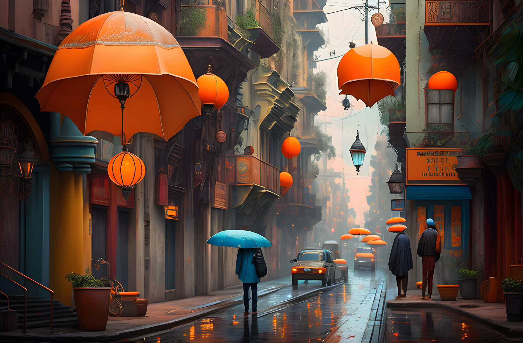 Rainy day urban street scene with umbrellas, lanterns, vintage cars, warm colors