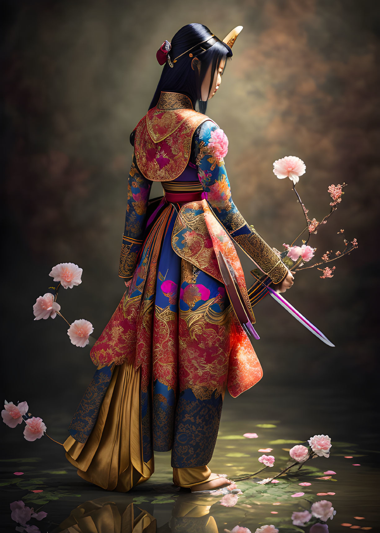 Illustrated female figure in Japanese attire with sword and cherry blossoms.