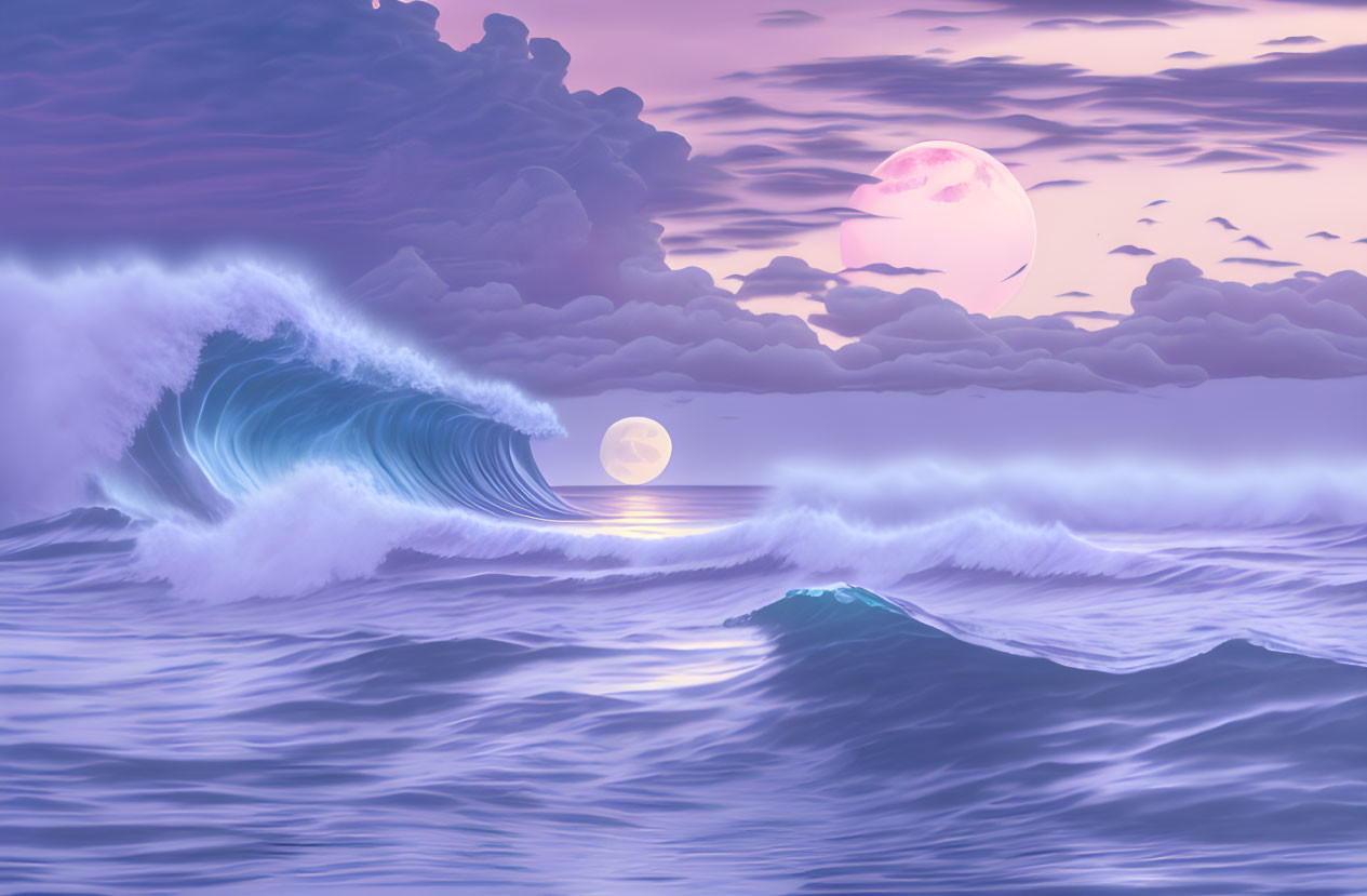 Tranquil seascape with full moon, purple clouds, and moonlit waves