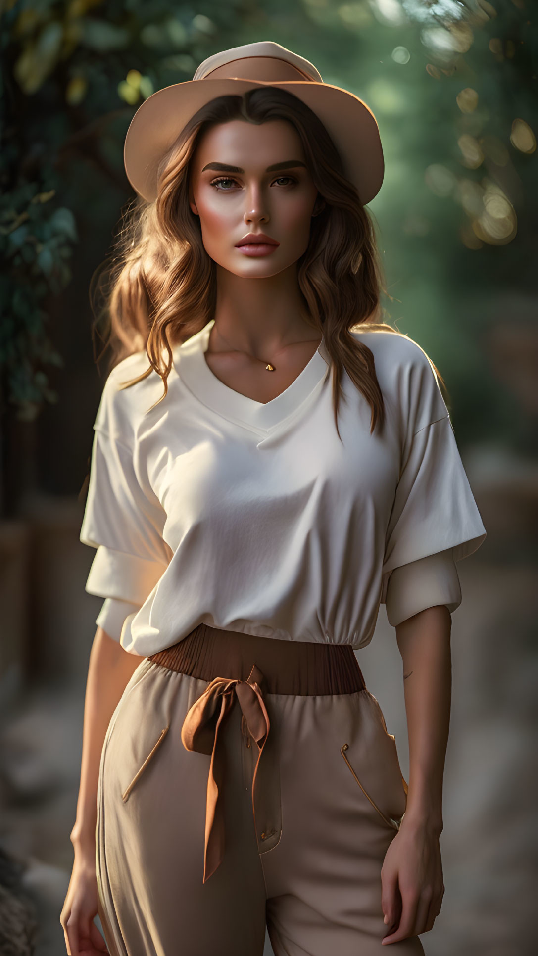 Woman with Wavy Hair in Beige Hat and White Top Outdoors