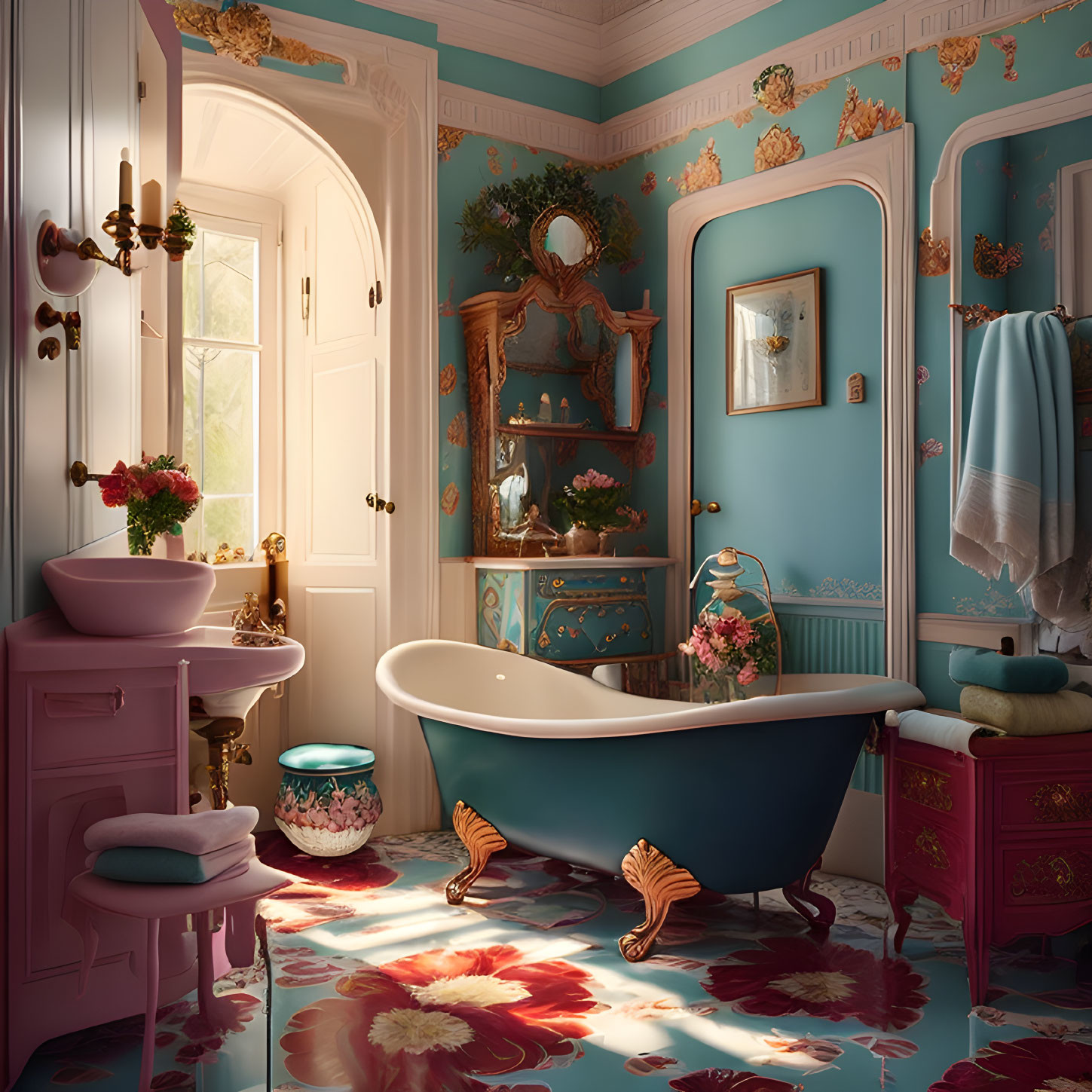 Vintage Bathroom with Claw-Foot Tub, Pastel Blue Walls, Pink Cabinetry