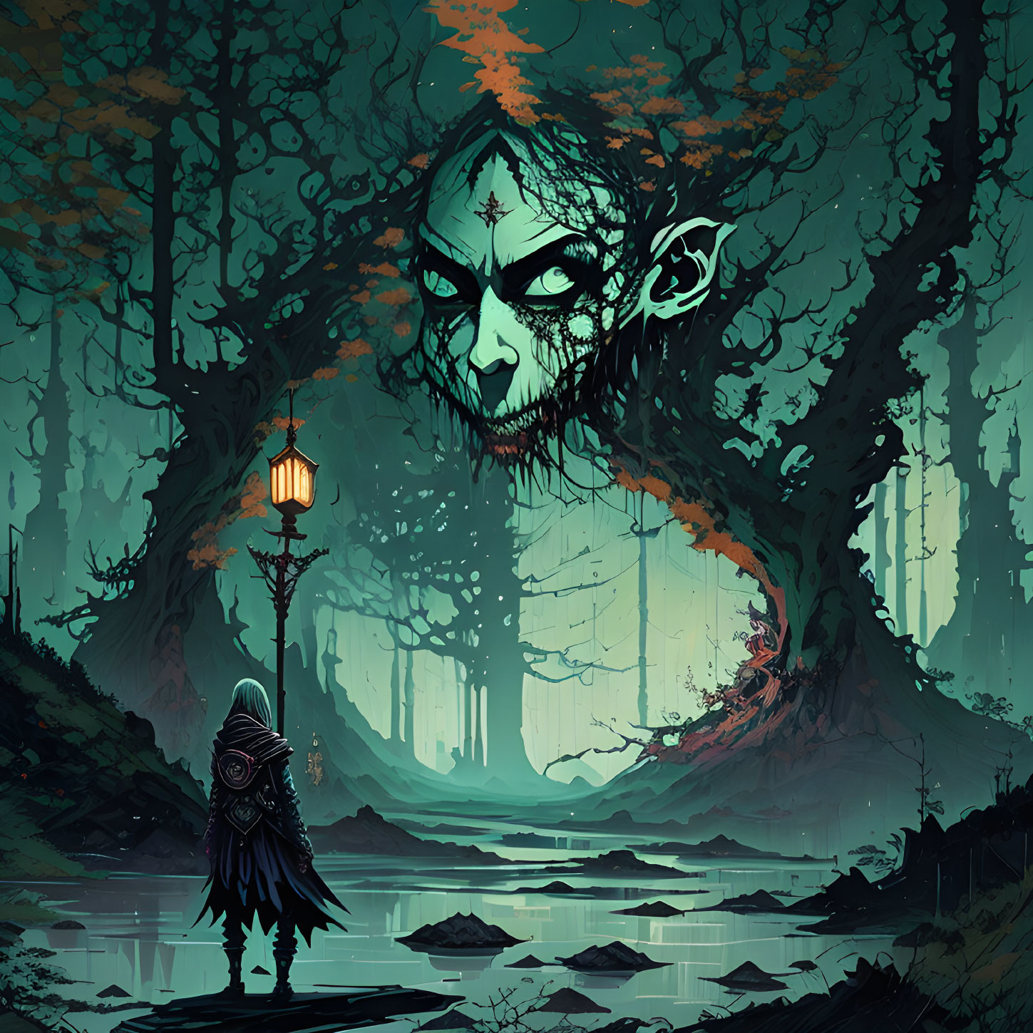 Cloaked Figure in Mystical Forest with Menacing Tree Face