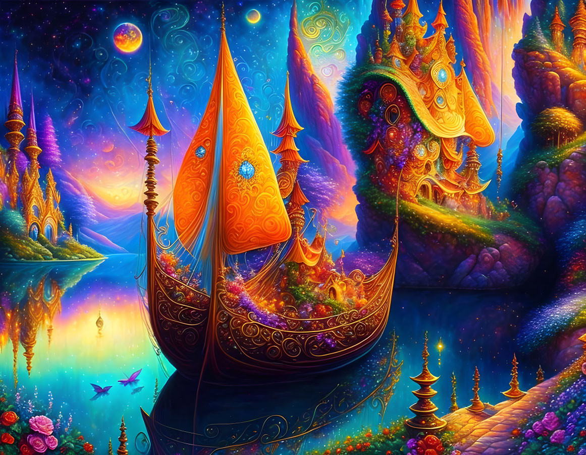 Detailed Fantasy Landscape with Ornate Ship and Colorful Architecture