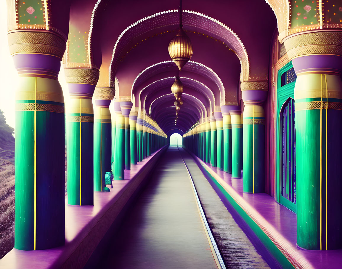 Decorative arches and lanterns in vibrant corridor with golden and green motifs.