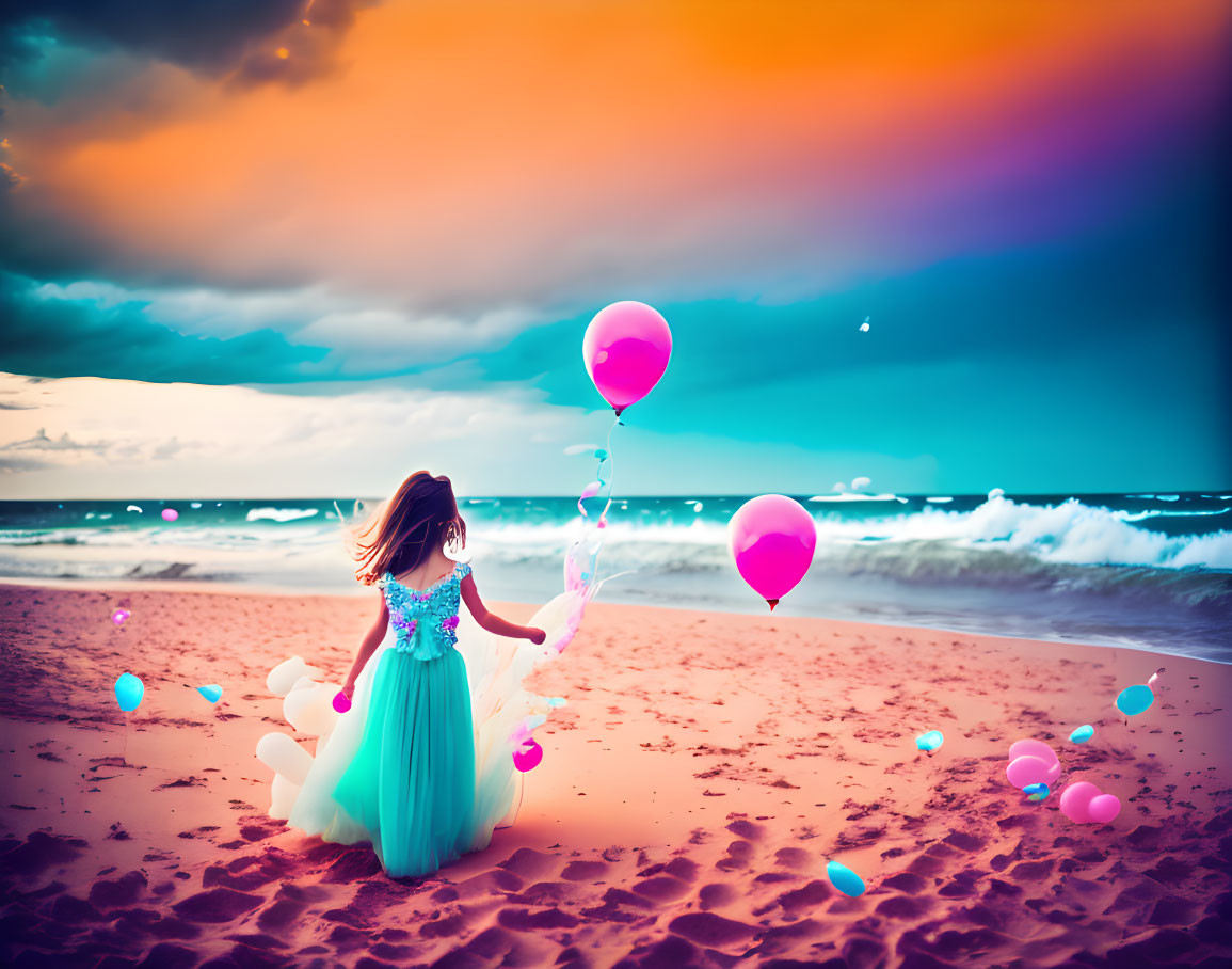 Young girl in blue dress with balloons on vibrant beach at sunset