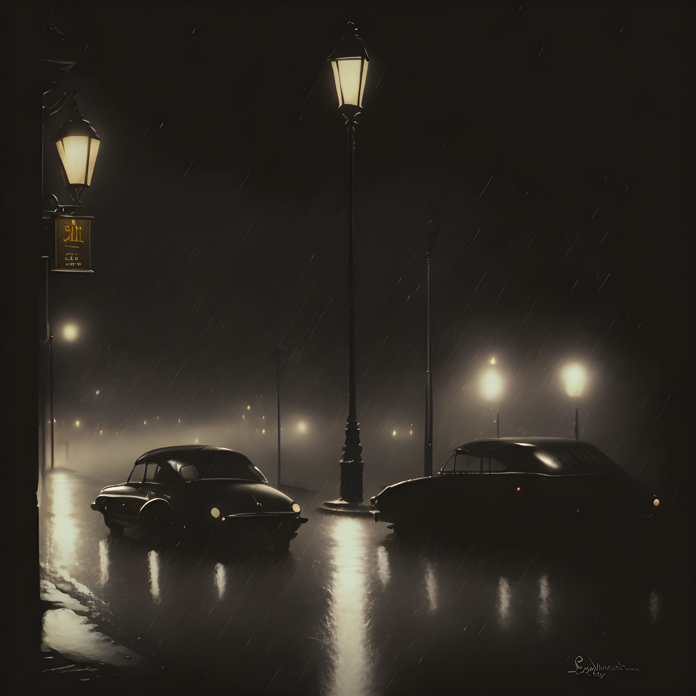 Monochromatic vintage car under glowing streetlamp on rainy night