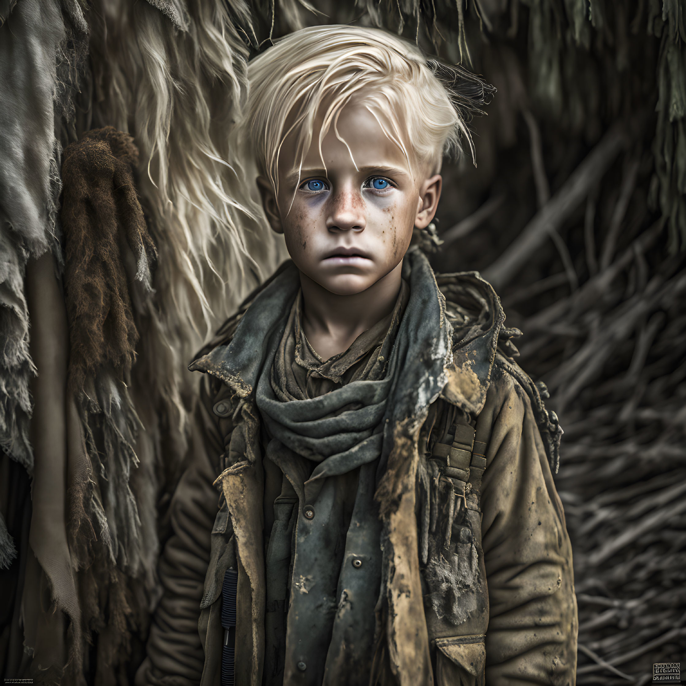 Young boy with blue eyes and blonde hair in rustic attire against natural backdrop