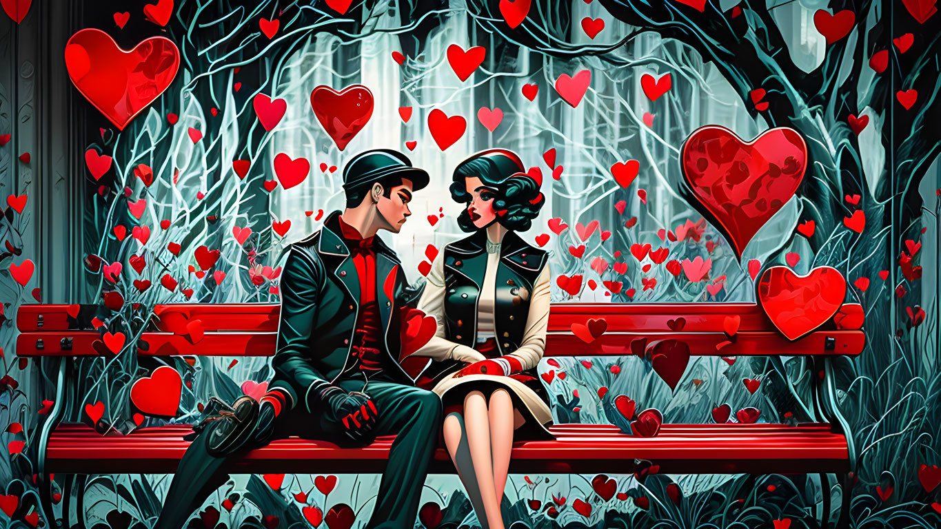 Illustrated romantic couple on red bench with whimsical backdrop.