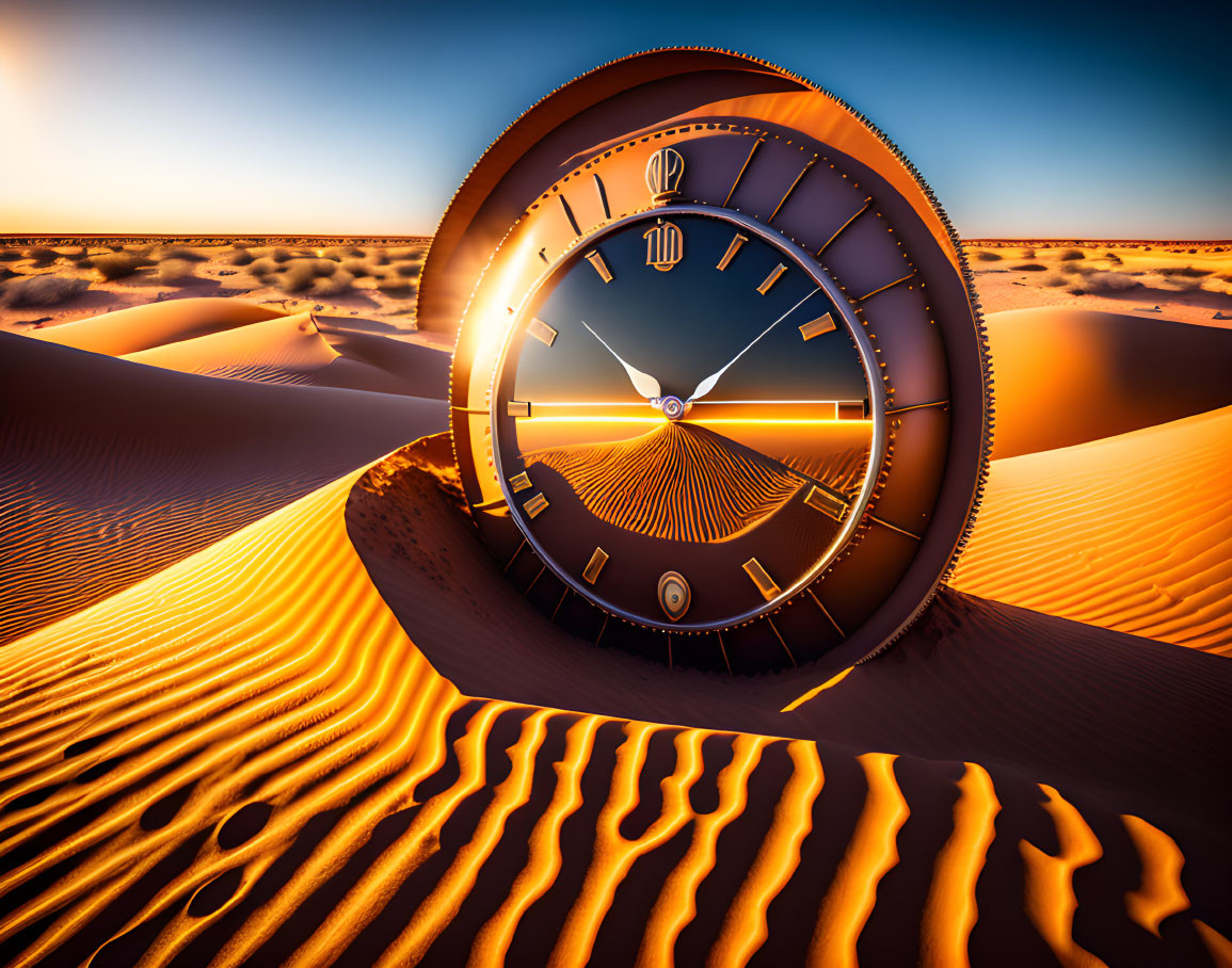 Surreal image of melting clock over desert dunes at sunset