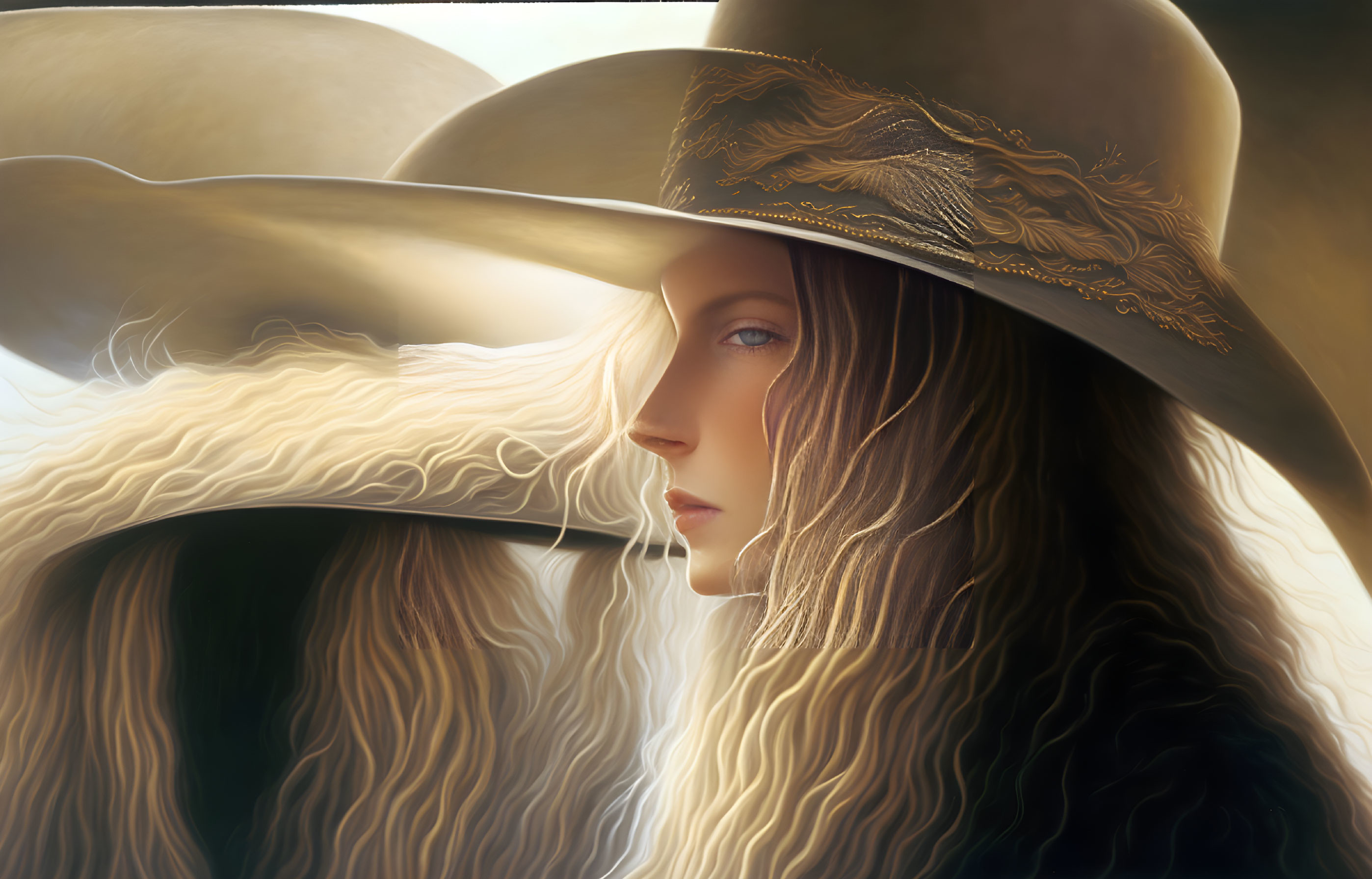 Portrait of a person with flowing hair in embellished wide-brimmed hat