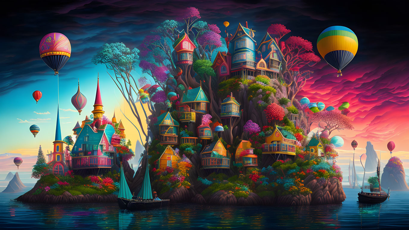 Whimsical island with vibrant houses, castles, hot air balloons, and sunset sky