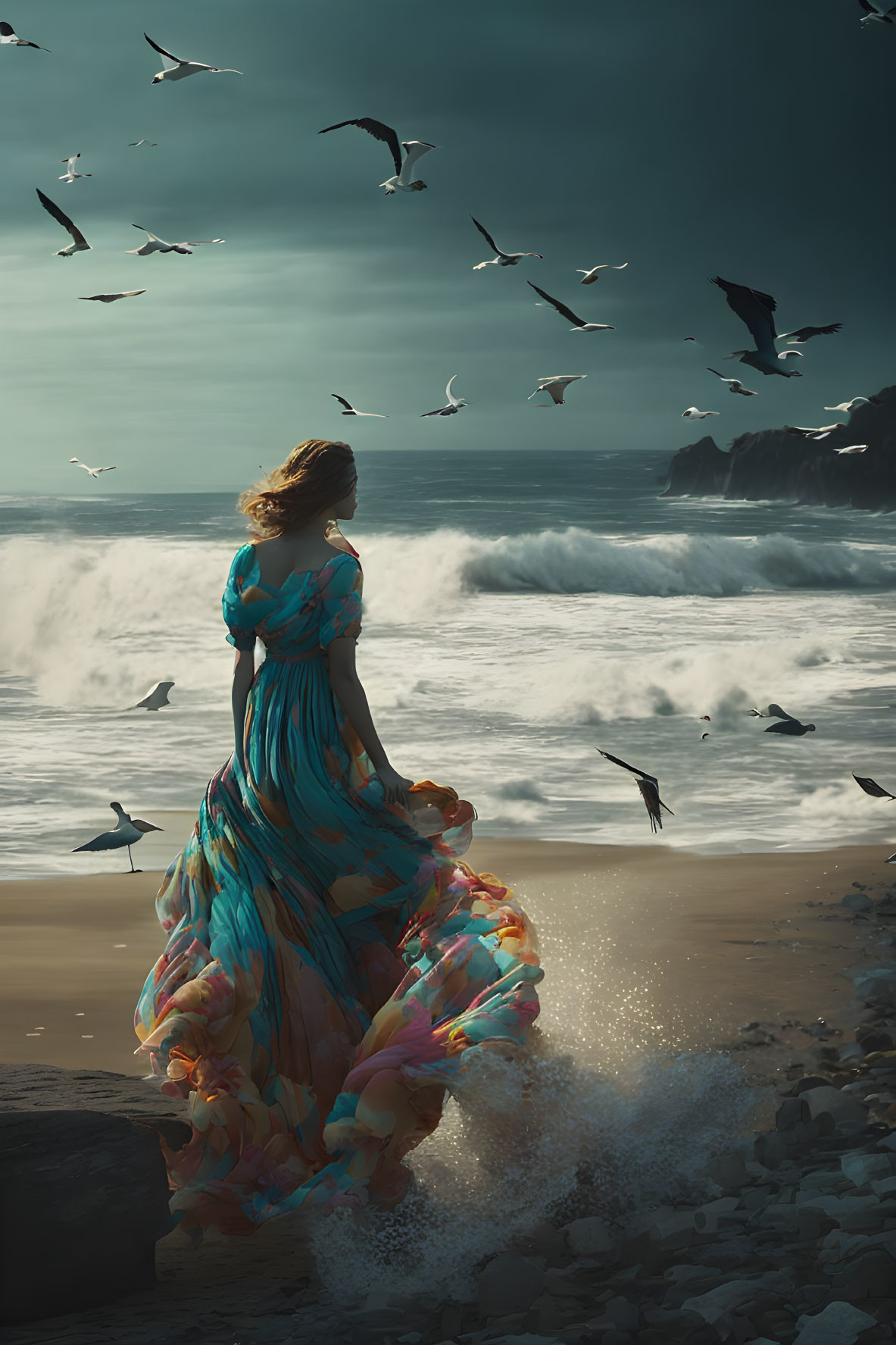 Woman in floral dress on beach with birds and dramatic sky