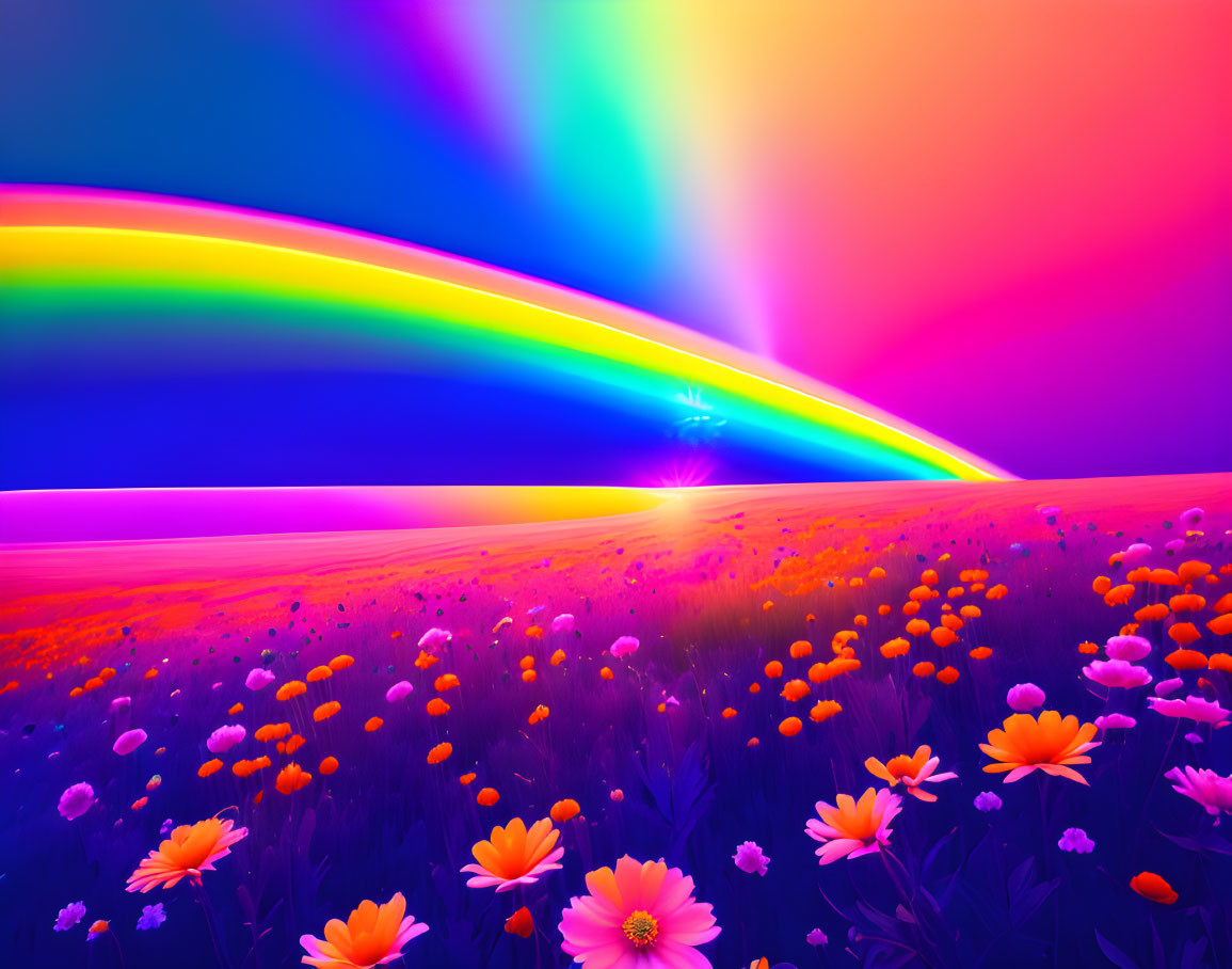 Colorful landscape with rainbow, flowers, and sunset sky