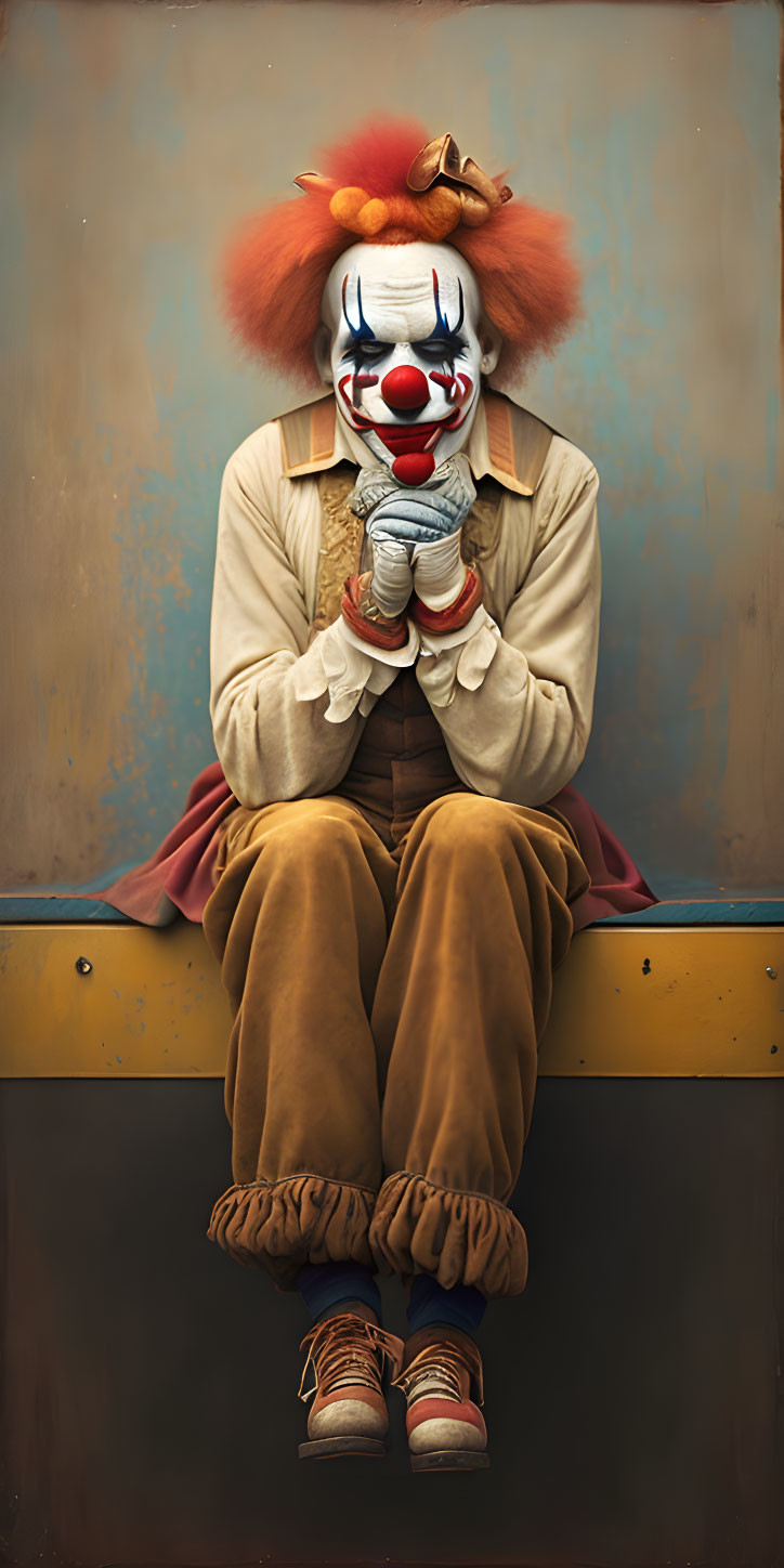 Sad Clown in Colorful Costume Sitting on Bench