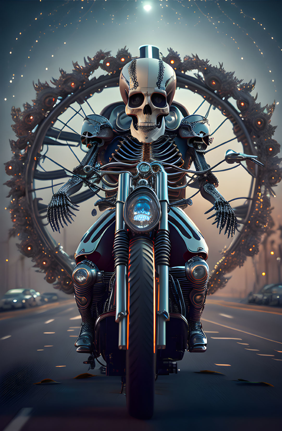 Skeleton Rider on Cruiser Motorcycle with Winged Structure in Foggy Cityscape