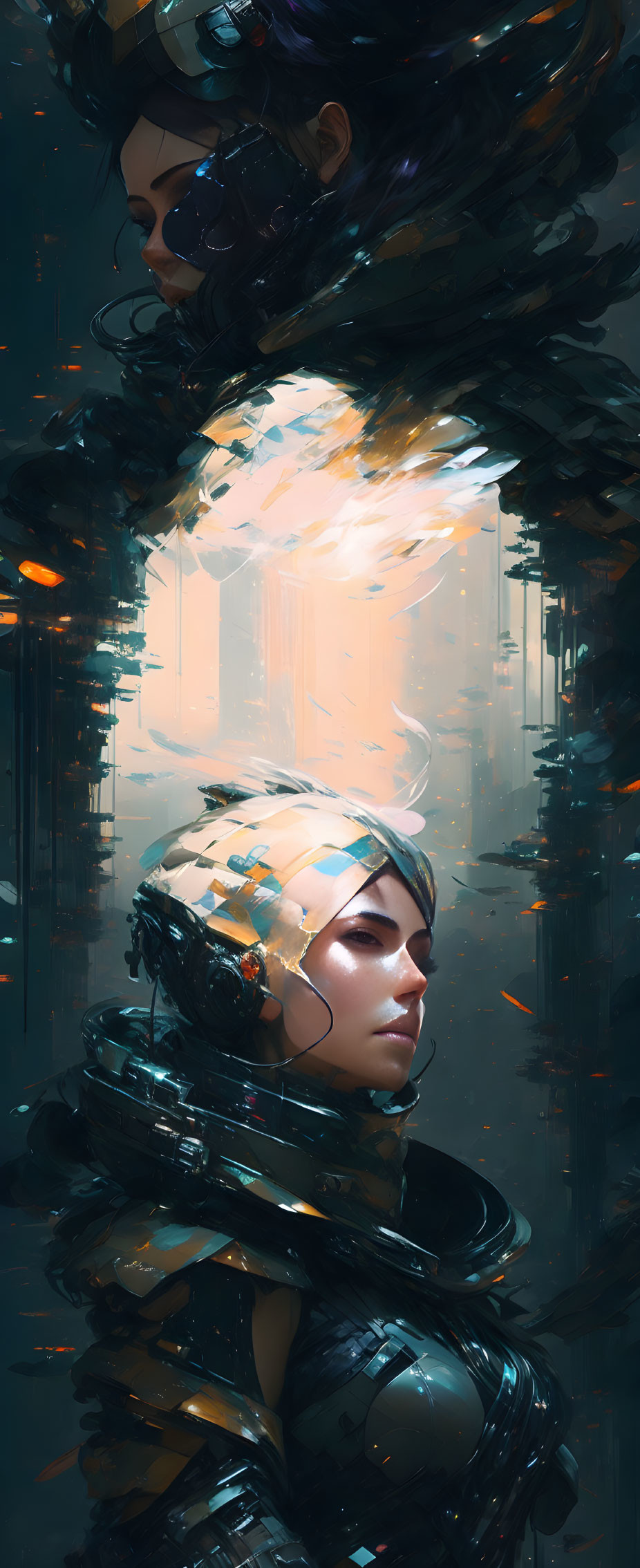 Digital artwork of two serene women in dynamic futuristic setting