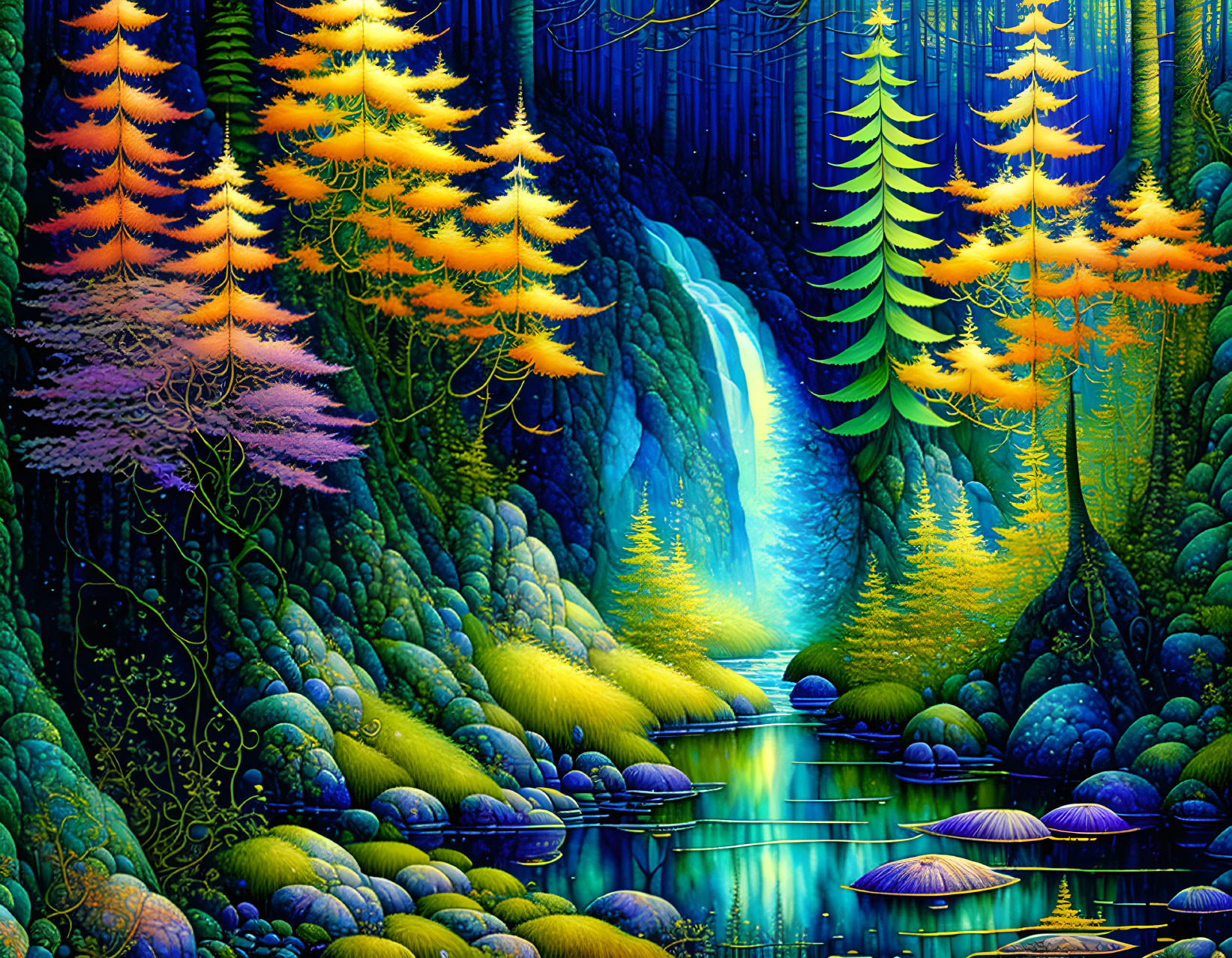 Colorful Forest Scene with Waterfall and Serene River