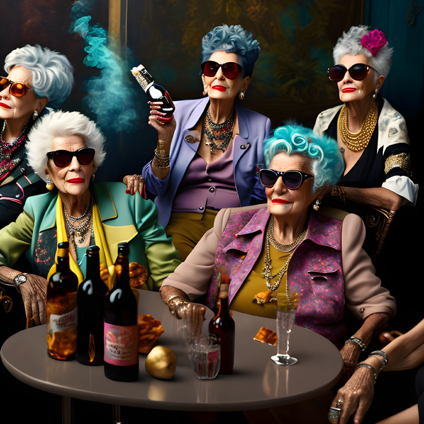 Elderly Women with Colorful Hairdos Posing Around Table